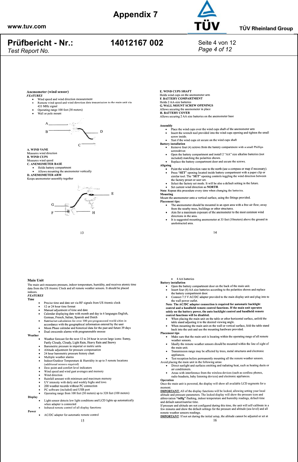    www.tuv.com  Appendix 7 Prüfbericht - Nr.: Test Report No. 14012167 002  Seite 4 von 12 Page 4 of 12  
