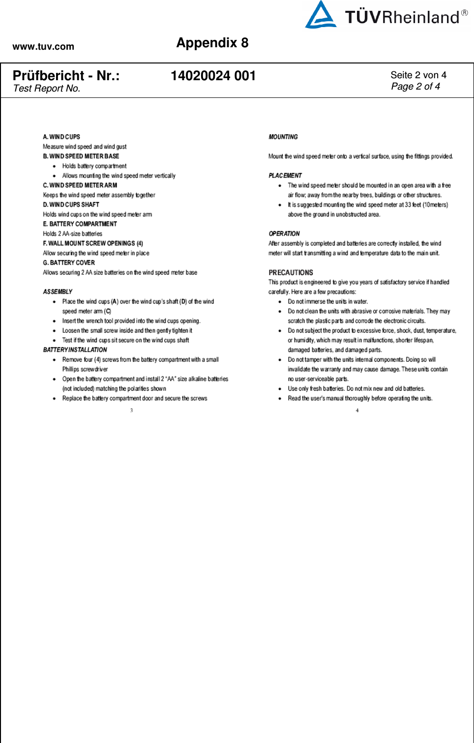 www.tuv.com Appendix 8   Prüfbericht - Nr.: Test Report No. 14020024 001 Seite 2 von 4 Page 2 of 4                            