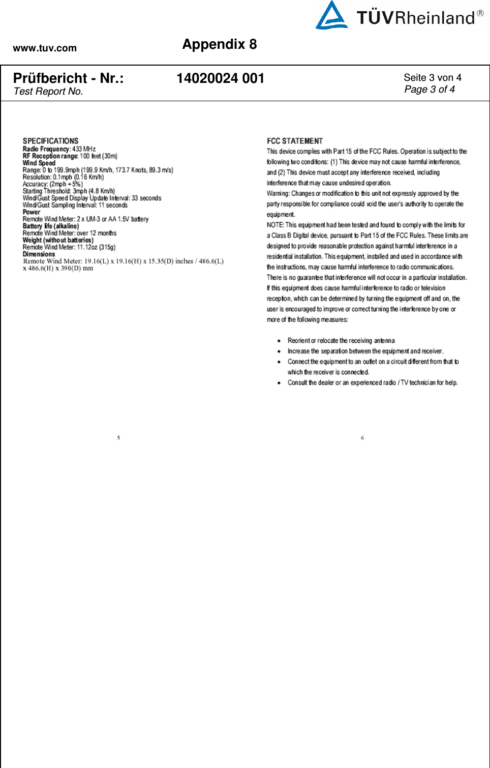 www.tuv.com Appendix 8   Prüfbericht - Nr.: Test Report No. 14020024 001 Seite 3 von 4 Page 3 of 4                    