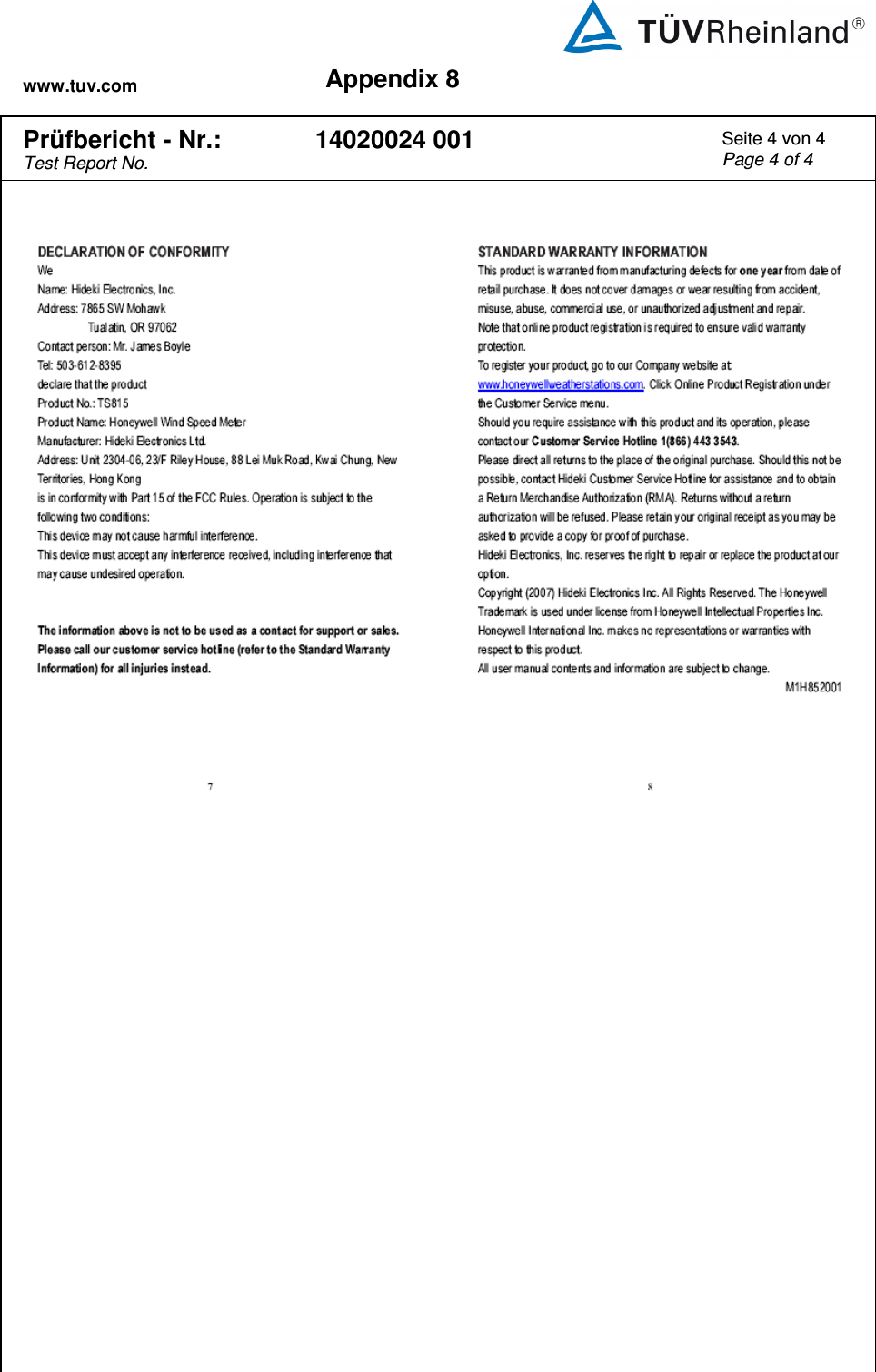 www.tuv.com Appendix 8   Prüfbericht - Nr.: Test Report No. 14020024 001 Seite 4 von 4 Page 4 of 4      