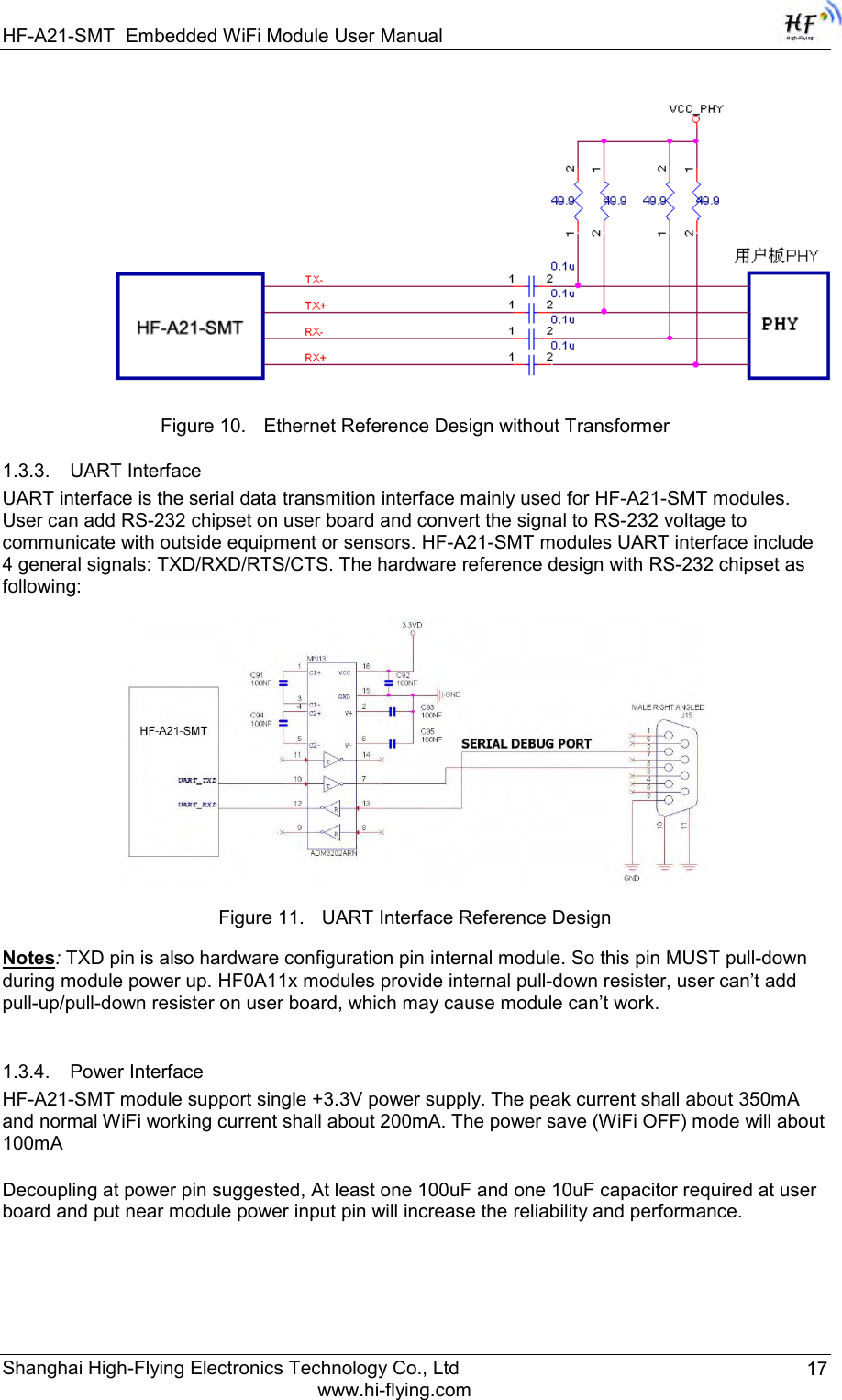 HF-A21-SMT Embedded WiFi Module User Manual Shanghai High-Flying Electronics Technology Co., Ltd www.hi-flying.com 17  Figure 10. Ethernet Reference Design without Transformer  1.3.3. UART Interface UART interface is the serial data transmition interface mainly used for HF-A21-SMT modules. User can add RS-232 chipset on user board and convert the signal to RS-232 voltage to communicate with outside equipment or sensors. HF-A21-SMT modules UART interface include 4 general signals: TXD/RXD/RTS/CTS. The hardware reference design with RS-232 chipset as following:   Figure 11. UART Interface Reference Design  Notes: TXD pin is also hardware configuration pin internal module. So this pin MUST pull-down during module power up. HF0A11x modules provide internal pull-down resister, user can‟t add pull-up/pull-down resister on user board, which may cause module can‟t work.  1.3.4. Power Interface HF-A21-SMT module support single +3.3V power supply. The peak current shall about 350mA and normal WiFi working current shall about 200mA. The power save (WiFi OFF) mode will about 100mA  Decoupling at power pin suggested, At least one 100uF and one 10uF capacitor required at user board and put near module power input pin will increase the reliability and performance.       