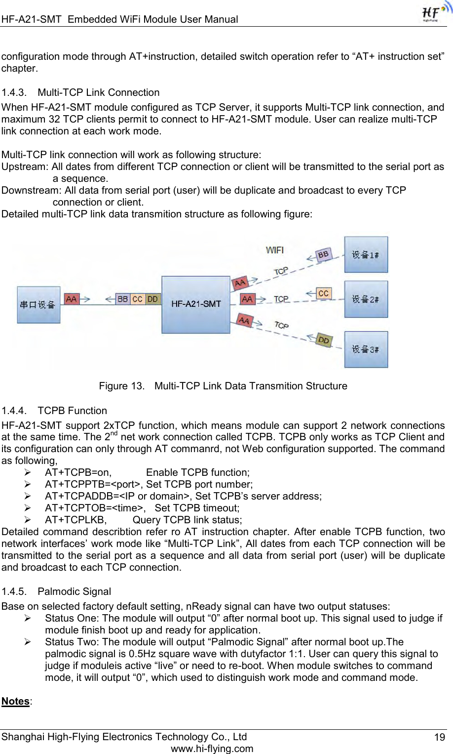 HF-A21-SMT Embedded WiFi Module User Manual Shanghai High-Flying Electronics Technology Co., Ltd www.hi-flying.com 19 configuration mode through AT+instruction, detailed switch operation refer to “AT+ instruction set” chapter. 1.4.3. Multi-TCP Link Connection When HF-A21-SMT module configured as TCP Server, it supports Multi-TCP link connection, and maximum 32 TCP clients permit to connect to HF-A21-SMT module. User can realize multi-TCP link connection at each work mode.   Multi-TCP link connection will work as following structure: Upstream: All dates from different TCP connection or client will be transmitted to the serial port as a sequence. Downstream: All data from serial port (user) will be duplicate and broadcast to every TCP connection or client. Detailed multi-TCP link data transmition structure as following figure:   Figure 13. Multi-TCP Link Data Transmition Structure 1.4.4. TCPB Function HF-A21-SMT support 2xTCP function, which means module can support 2 network connections at the same time. The 2nd net work connection called TCPB. TCPB only works as TCP Client and its configuration can only through AT commanrd, not Web configuration supported. The command as following,  AT+TCPB=on,            Enable TCPB function;  AT+TCPPTB=&lt;port&gt;, Set TCPB port number;  AT+TCPADDB=&lt;IP or domain&gt;, Set TCPB‟s server address;  AT+TCPTOB=&lt;time&gt;,   Set TCPB timeout;  AT+TCPLKB,         Query TCPB link status; Detailed  command  describtion  refer  ro  AT  instruction chapter.  After  enable TCPB  function,  two network interfaces‟ work mode like “Multi-TCP Link”, All dates from each TCP connection will be transmitted to the serial port as a sequence and all data from serial port (user) will be  duplicate and broadcast to each TCP connection. 1.4.5. Palmodic Signal Base on selected factory default setting, nReady signal can have two output statuses:  Status One: The module will output “0” after normal boot up. This signal used to judge if module finish boot up and ready for application.  Status Two: The module will output “Palmodic Signal” after normal boot up.The palmodic signal is 0.5Hz square wave with dutyfactor 1:1. User can query this signal to judge if moduleis active “live” or need to re-boot. When module switches to command mode, it will output “0”, which used to distinguish work mode and command mode.  Notes: 