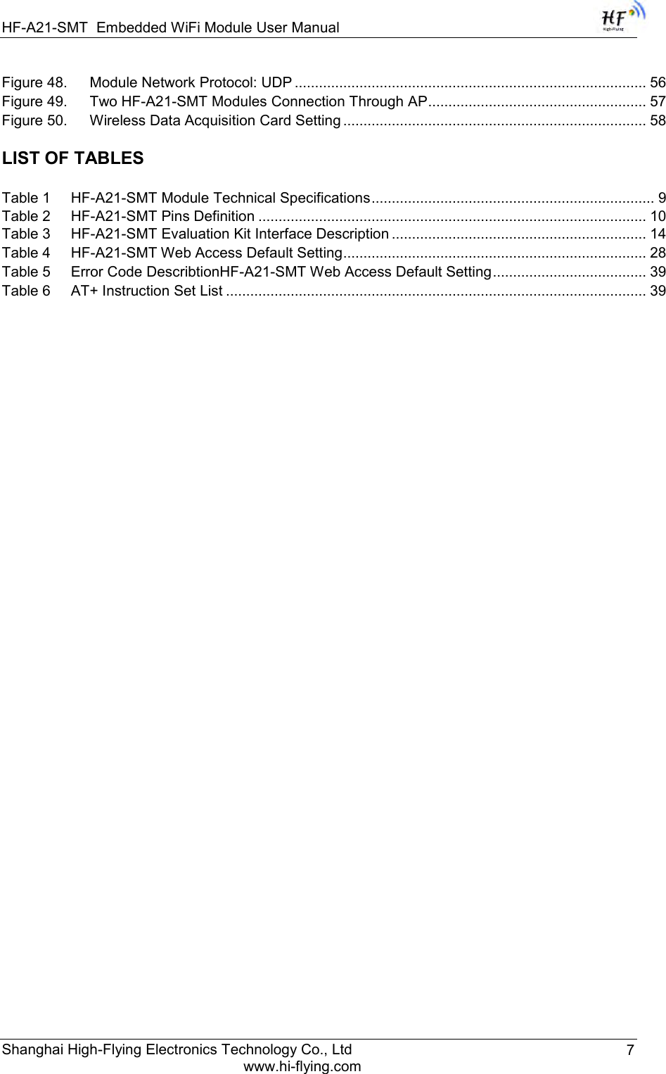 HF-A21-SMT Embedded WiFi Module User Manual Shanghai High-Flying Electronics Technology Co., Ltd www.hi-flying.com 7 Figure 48. Module Network Protocol: UDP ....................................................................................... 56 Figure 49. Two HF-A21-SMT Modules Connection Through AP ...................................................... 57 Figure 50. Wireless Data Acquisition Card Setting ........................................................................... 58  LIST OF TABLES  Table 1     HF-A21-SMT Module Technical Specifications ...................................................................... 9 Table 2     HF-A21-SMT Pins Definition ................................................................................................ 10  Table 3     HF-A21-SMT Evaluation Kit Interface Description ............................................................... 14 Table 4     HF-A21-SMT Web Access Default Setting ........................................................................... 28 Table 5     Error Code DescribtionHF-A21-SMT Web Access Default Setting ...................................... 39 Table 6     AT+ Instruction Set List ........................................................................................................ 39                                  