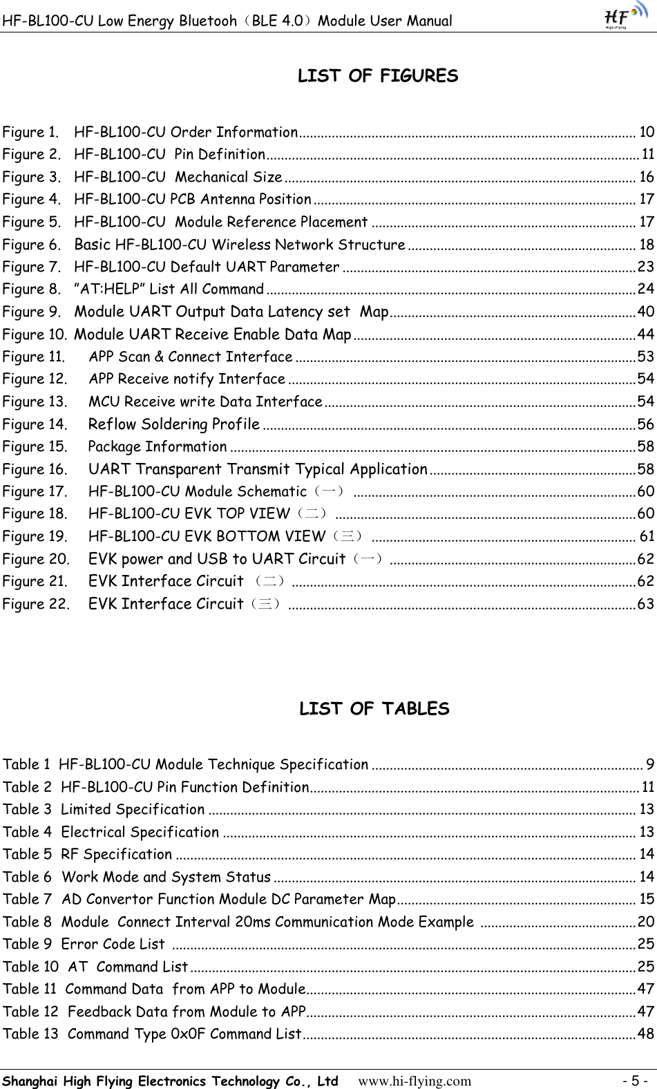 HF-BL100-CU Low Energy Bluetooh（BLE 4.0）Module User Manual Shanghai High Flying Electronics Technology Co., Ltd     www.hi-flying.com    - 5 - LIST OF FIGURES  Figure 1. HF-BL100-CU Order Information ............................................................................................. 10 Figure 2. HF-BL100-CU  Pin Definition ....................................................................................................... 11 Figure 3. HF-BL100-CU  Mechanical Size ................................................................................................. 16 Figure 4. HF-BL100-CU PCB Antenna Position ......................................................................................... 17 Figure 5. HF-BL100-CU  Module Reference Placement ......................................................................... 17 Figure 6.  Basic HF-BL100-CU Wireless Network Structure ............................................................... 18 Figure 7. HF-BL100-CU Default UART Parameter ................................................................................. 23 Figure 8. ”AT:HELP” List All Command ...................................................................................................... 24 Figure 9.  Module UART Output Data Latency set  Map .................................................................... 40 Figure 10. Module UART Receive Enable Data Map .............................................................................. 44 Figure 11. APP Scan &amp; Connect Interface .............................................................................................. 53 Figure 12. APP Receive notify Interface ................................................................................................ 54 Figure 13. MCU Receive write Data Interface ...................................................................................... 54 Figure 14.  Reflow Soldering Profile ....................................................................................................... 56 Figure 15. Package Information ................................................................................................................ 58 Figure 16.  UART Transparent Transmit Typical Application ......................................................... 58 Figure 17. HF-BL100-CU Module Schematic（一） .............................................................................. 60 Figure 18. HF-BL100-CU EVK TOP VIEW（二） ................................................................................... 60 Figure 19. HF-BL100-CU EVK BOTTOM VIEW（三） ......................................................................... 61 Figure 20.  EVK power and USB to UART Circuit（一） .................................................................... 62 Figure 21.  EVK Interface Circuit （二） ............................................................................................... 62 Figure 22.  EVK Interface Circuit（三） ................................................................................................ 63  LIST OF TABLES  Table 1  HF-BL100-CU Module Technique Specification ........................................................................... 9 Table 2  HF-BL100-CU Pin Function Definition ........................................................................................... 11 Table 3  Limited Specification ...................................................................................................................... 13 Table 4  Electrical Specification .................................................................................................................. 13 Table 5  RF Specification ............................................................................................................................... 14 Table 6  Work Mode and System Status .................................................................................................... 14 Table 7  AD Convertor Function Module DC Parameter Map .................................................................. 15 Table 8  Module  Connect Interval 20ms Communication Mode Example  ........................................... 20 Table 9  Error Code List  ................................................................................................................................ 25 Table 10  AT  Command List ........................................................................................................................... 25 Table 11  Command Data  from APP to Module ........................................................................................... 47 Table 12  Feedback Data from Module to APP........................................................................................... 47 Table 13  Command Type 0x0F Command List ............................................................................................ 48 