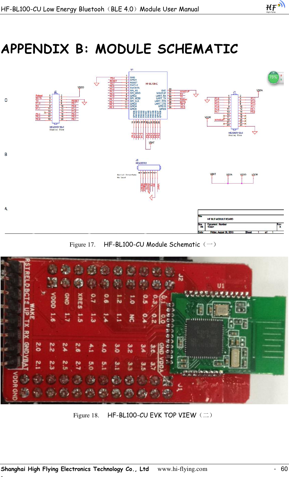 HF-BL100-CU Low Energy Bluetooh（BLE 4.0）Module User Manual Shanghai High Flying Electronics Technology Co., Ltd     www.hi-flying.com    -  60 - APPENDIX B: MODULE SCHEMATIC   Figure 17. HF-BL100-CU Module Schematic（一）  Figure 18. HF-BL100-CU EVK TOP VIEW（二）  