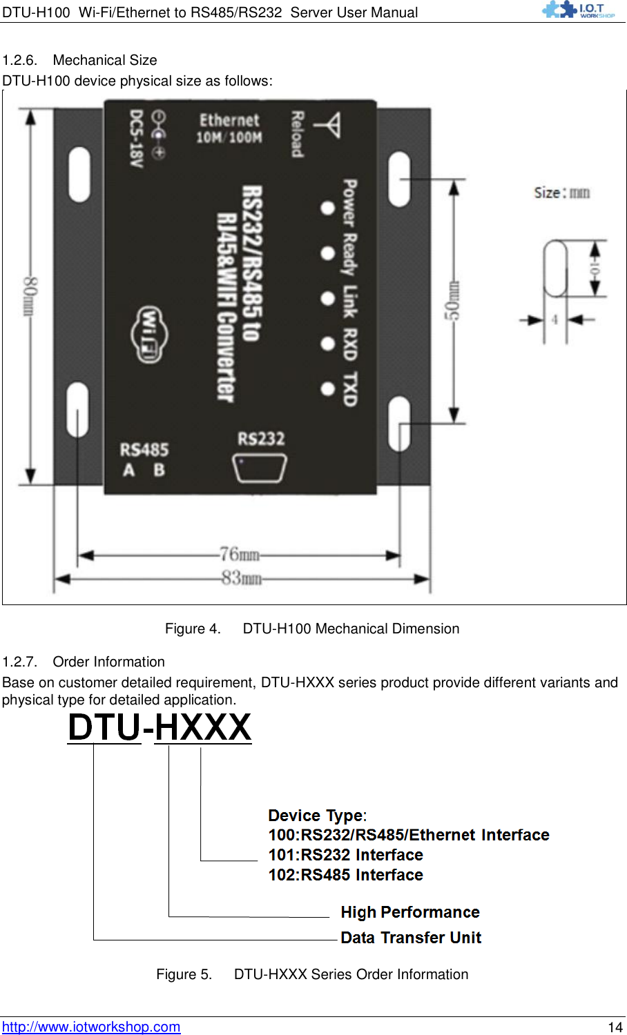 DTU-H100 Wi-Fi/Ethernet to RS485/RS232  Server User Manual    http://www.iotworkshop.com 14 1.2.6. Mechanical Size DTU-H100 device physical size as follows:     Figure 4. DTU-H100 Mechanical Dimension 1.2.7. Order Information  Base on customer detailed requirement, DTU-HXXX series product provide different variants and physical type for detailed application.  Figure 5. DTU-HXXX Series Order Information 