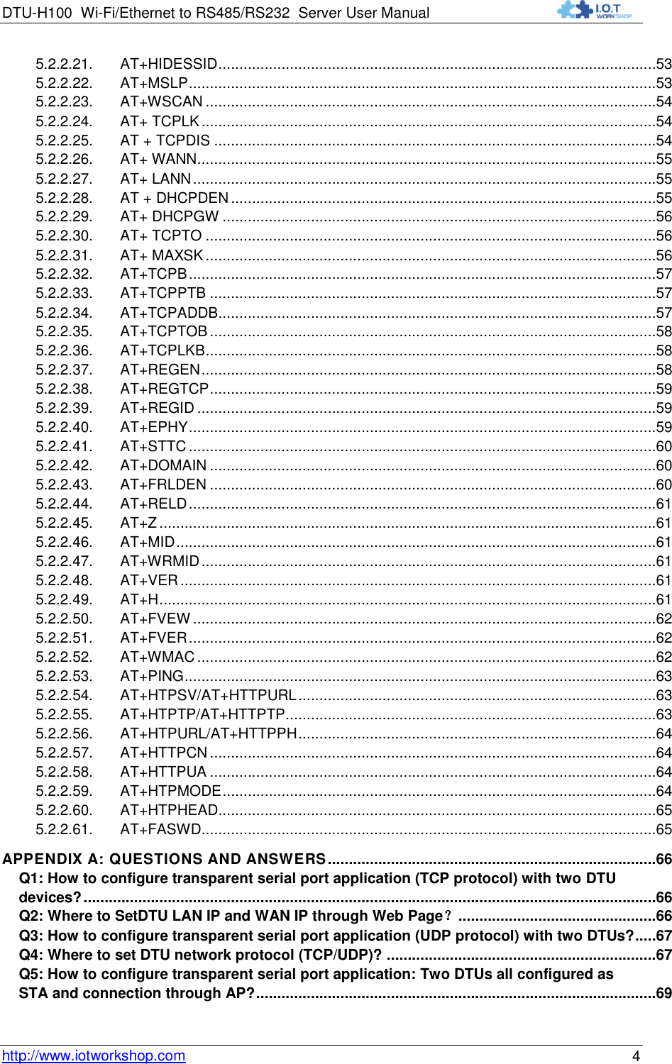 DTU-H100 Wi-Fi/Ethernet to RS485/RS232  Server User Manual    http://www.iotworkshop.com 4 5.2.2.21. AT+HIDESSID ........................................................................................................53 5.2.2.22. AT+MSLP ...............................................................................................................53 5.2.2.23. AT+WSCAN ...........................................................................................................54 5.2.2.24. AT+ TCPLK ............................................................................................................54 5.2.2.25. AT + TCPDIS .........................................................................................................54 5.2.2.26. AT+ WANN .............................................................................................................55 5.2.2.27. AT+ LANN ..............................................................................................................55 5.2.2.28. AT + DHCPDEN .....................................................................................................55 5.2.2.29. AT+ DHCPGW .......................................................................................................56 5.2.2.30. AT+ TCPTO ...........................................................................................................56 5.2.2.31. AT+ MAXSK ...........................................................................................................56 5.2.2.32. AT+TCPB ...............................................................................................................57 5.2.2.33. AT+TCPPTB ..........................................................................................................57 5.2.2.34. AT+TCPADDB........................................................................................................57 5.2.2.35. AT+TCPTOB ..........................................................................................................58 5.2.2.36. AT+TCPLKB ...........................................................................................................58 5.2.2.37. AT+REGEN ............................................................................................................58 5.2.2.38. AT+REGTCP ..........................................................................................................59 5.2.2.39. AT+REGID .............................................................................................................59 5.2.2.40. AT+EPHY ...............................................................................................................59 5.2.2.41. AT+STTC ...............................................................................................................60 5.2.2.42. AT+DOMAIN ..........................................................................................................60 5.2.2.43. AT+FRLDEN ..........................................................................................................60 5.2.2.44. AT+RELD ...............................................................................................................61 5.2.2.45. AT+Z ......................................................................................................................61 5.2.2.46. AT+MID ..................................................................................................................61 5.2.2.47. AT+WRMID ............................................................................................................61 5.2.2.48. AT+VER .................................................................................................................61 5.2.2.49. AT+H ......................................................................................................................61 5.2.2.50. AT+FVEW ..............................................................................................................62 5.2.2.51. AT+FVER ...............................................................................................................62 5.2.2.52. AT+WMAC .............................................................................................................62 5.2.2.53. AT+PING ................................................................................................................63 5.2.2.54. AT+HTPSV/AT+HTTPURL .....................................................................................63 5.2.2.55. AT+HTPTP/AT+HTTPTP ........................................................................................63 5.2.2.56. AT+HTPURL/AT+HTTPPH .....................................................................................64 5.2.2.57. AT+HTTPCN ..........................................................................................................64 5.2.2.58. AT+HTTPUA ..........................................................................................................64 5.2.2.59. AT+HTPMODE .......................................................................................................64 5.2.2.60. AT+HTPHEAD........................................................................................................65 5.2.2.61. AT+FASWD ............................................................................................................65 APPENDIX A: QUESTIONS AND ANSWERS ..............................................................................66 Q1: How to configure transparent serial port application (TCP protocol) with two DTU devices? ........................................................................................................................................66 Q2: Where to SetDTU LAN IP and WAN IP through Web Page？...............................................66 Q3: How to configure transparent serial port application (UDP protocol) with two DTUs? .....67 Q4: Where to set DTU network protocol (TCP/UDP)? ................................................................67 Q5: How to configure transparent serial port application: Two DTUs all configured as STA and connection through AP? ...............................................................................................69 