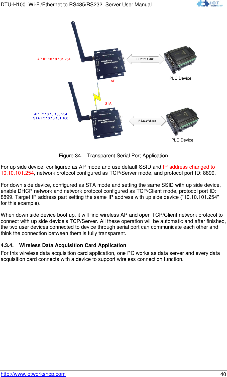 DTU-H100 Wi-Fi/Ethernet to RS485/RS232  Server User Manual    http://www.iotworkshop.com 40 PLC DeviceRS232/RS485AP IP: 10.10.100.254STA IP: 10.10.101.100AP IP: 10.10.101.254APSTAPLC DeviceRS232/RS485 Figure 34. Transparent Serial Port Application For up side device, configured as AP mode and use default SSID and IP address changed to 10.10.101.254, network protocol configured as TCP/Server mode, and protocol port ID: 8899.  For down side device, configured as STA mode and setting the same SSID with up side device, enable DHCP network and network protocol configured as TCP/Client mode, protocol port ID: 8899. Target IP address part setting the same IP address with up side device (“10.10.101.254&quot; for this example).  When down side device boot up, it will find wireless AP and open TCP/Client network protocol to connect with up side device‟s TCP/Server. All these operation will be automatic and after finished, the two user devices connected to device through serial port can communicate each other and think the connection between them is fully transparent. 4.3.4. Wireless Data Acquisition Card Application For this wireless data acquisition card application, one PC works as data server and every data acquisition card connects with a device to support wireless connection function. 