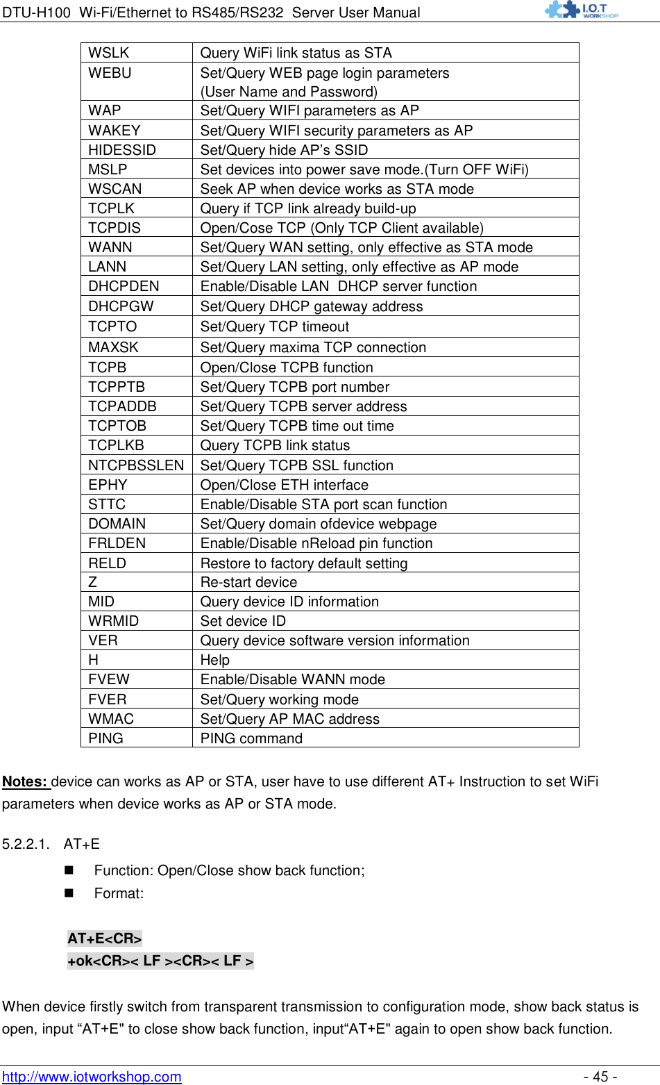 DTU-H100 Wi-Fi/Ethernet to RS485/RS232  Server User Manual    http://www.iotworkshop.com    - 45 - WSLK Query WiFi link status as STA WEBU Set/Query WEB page login parameters (User Name and Password) WAP Set/Query WIFI parameters as AP WAKEY Set/Query WIFI security parameters as AP HIDESSID Set/Query hide AP‟s SSID MSLP Set devices into power save mode.(Turn OFF WiFi) WSCAN Seek AP when device works as STA mode TCPLK Query if TCP link already build-up TCPDIS Open/Cose TCP (Only TCP Client available) WANN Set/Query WAN setting, only effective as STA mode LANN Set/Query LAN setting, only effective as AP mode DHCPDEN Enable/Disable LAN  DHCP server function DHCPGW Set/Query DHCP gateway address TCPTO Set/Query TCP timeout MAXSK Set/Query maxima TCP connection TCPB Open/Close TCPB function TCPPTB Set/Query TCPB port number TCPADDB Set/Query TCPB server address TCPTOB Set/Query TCPB time out time TCPLKB Query TCPB link status NTCPBSSLEN Set/Query TCPB SSL function EPHY Open/Close ETH interface STTC Enable/Disable STA port scan function DOMAIN Set/Query domain ofdevice webpage FRLDEN Enable/Disable nReload pin function RELD Restore to factory default setting Z Re-start device MID Query device ID information WRMID Set device ID VER Query device software version information H Help FVEW Enable/Disable WANN mode FVER Set/Query working mode WMAC Set/Query AP MAC address PING PING command  Notes: device can works as AP or STA, user have to use different AT+ Instruction to set WiFi parameters when device works as AP or STA mode. 5.2.2.1. AT+E  Function: Open/Close show back function;  Format:  AT+E&lt;CR&gt;     +ok&lt;CR&gt;&lt; LF &gt;&lt;CR&gt;&lt; LF &gt;  When device firstly switch from transparent transmission to configuration mode, show back status is open, input “AT+E&quot; to close show back function, input“AT+E&quot; again to open show back function. 
