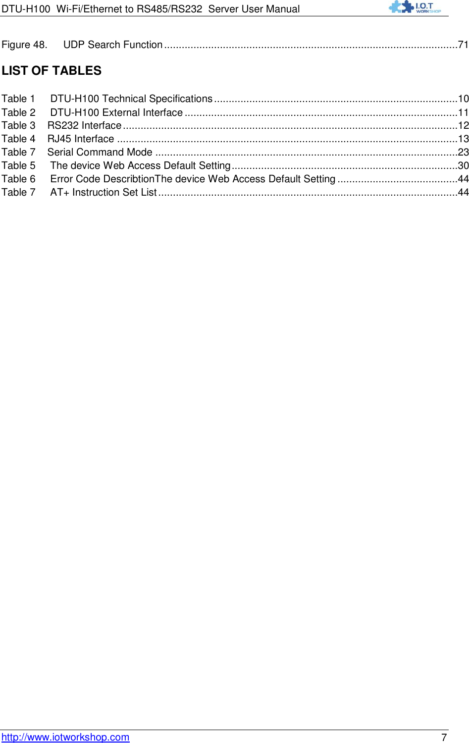 DTU-H100 Wi-Fi/Ethernet to RS485/RS232  Server User Manual    http://www.iotworkshop.com 7 Figure 48. UDP Search Function ....................................................................................................71  LIST OF TABLES  Table 1     DTU-H100 Technical Specifications ...................................................................................10 Table 2     DTU-H100 External Interface .............................................................................................11 Table 3    RS232 Interface ..................................................................................................................12 Table 4    RJ45 Interface ....................................................................................................................13 Table 7    Serial Command Mode .......................................................................................................23 Table 5     The device Web Access Default Setting .............................................................................30 Table 6     Error Code DescribtionThe device Web Access Default Setting .........................................44 Table 7     AT+ Instruction Set List ......................................................................................................44                                  