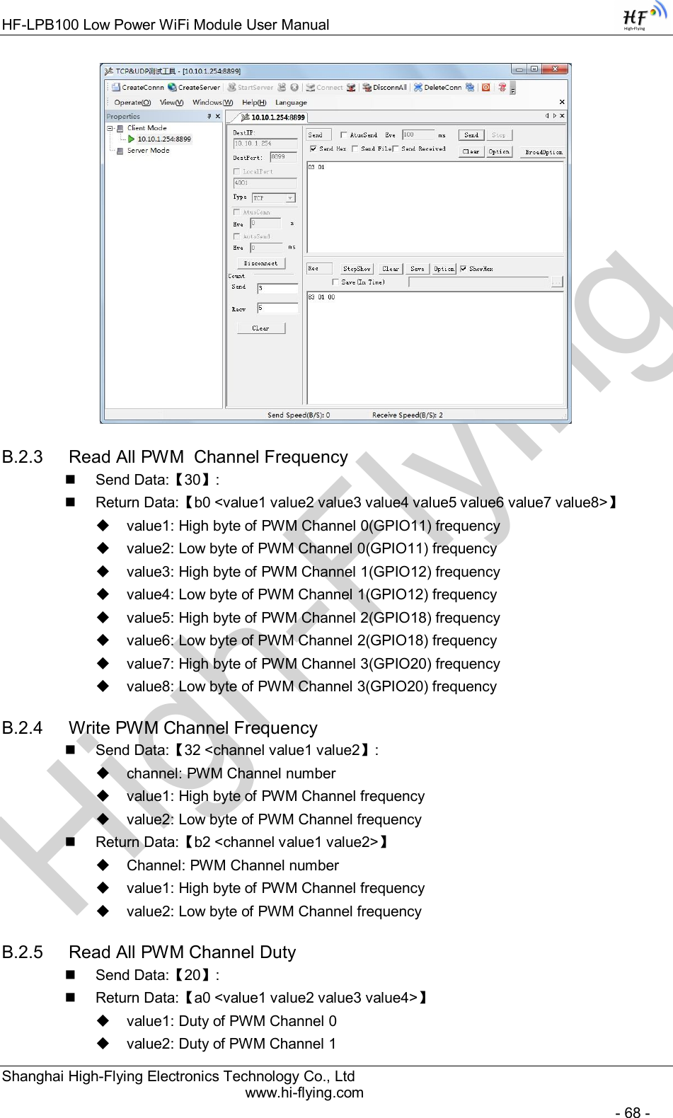 High-FlyingHF-LPB100 Low Power WiFi Module User Manual Shanghai High-Flying Electronics Technology Co., Ltd www.hi-flying.com   - 68 -  B.2.3  Read All PWM  Channel Frequency   Send Data:【30】:   Return Data:【b0 &lt;value1 value2 value3 value4 value5 value6 value7 value8&gt;】   value1: High byte of PWM Channel 0(GPIO11) frequency   value2: Low byte of PWM Channel 0(GPIO11) frequency   value3: High byte of PWM Channel 1(GPIO12) frequency   value4: Low byte of PWM Channel 1(GPIO12) frequency   value5: High byte of PWM Channel 2(GPIO18) frequency   value6: Low byte of PWM Channel 2(GPIO18) frequency   value7: High byte of PWM Channel 3(GPIO20) frequency   value8: Low byte of PWM Channel 3(GPIO20) frequency B.2.4  Write PWM Channel Frequency   Send Data:【32 &lt;channel value1 value2】:   channel: PWM Channel number   value1: High byte of PWM Channel frequency   value2: Low byte of PWM Channel frequency   Return Data:【b2 &lt;channel value1 value2&gt;】   Channel: PWM Channel number   value1: High byte of PWM Channel frequency   value2: Low byte of PWM Channel frequency B.2.5  Read All PWM Channel Duty   Send Data:【20】:   Return Data:【a0 &lt;value1 value2 value3 value4&gt;】   value1: Duty of PWM Channel 0   value2: Duty of PWM Channel 1 