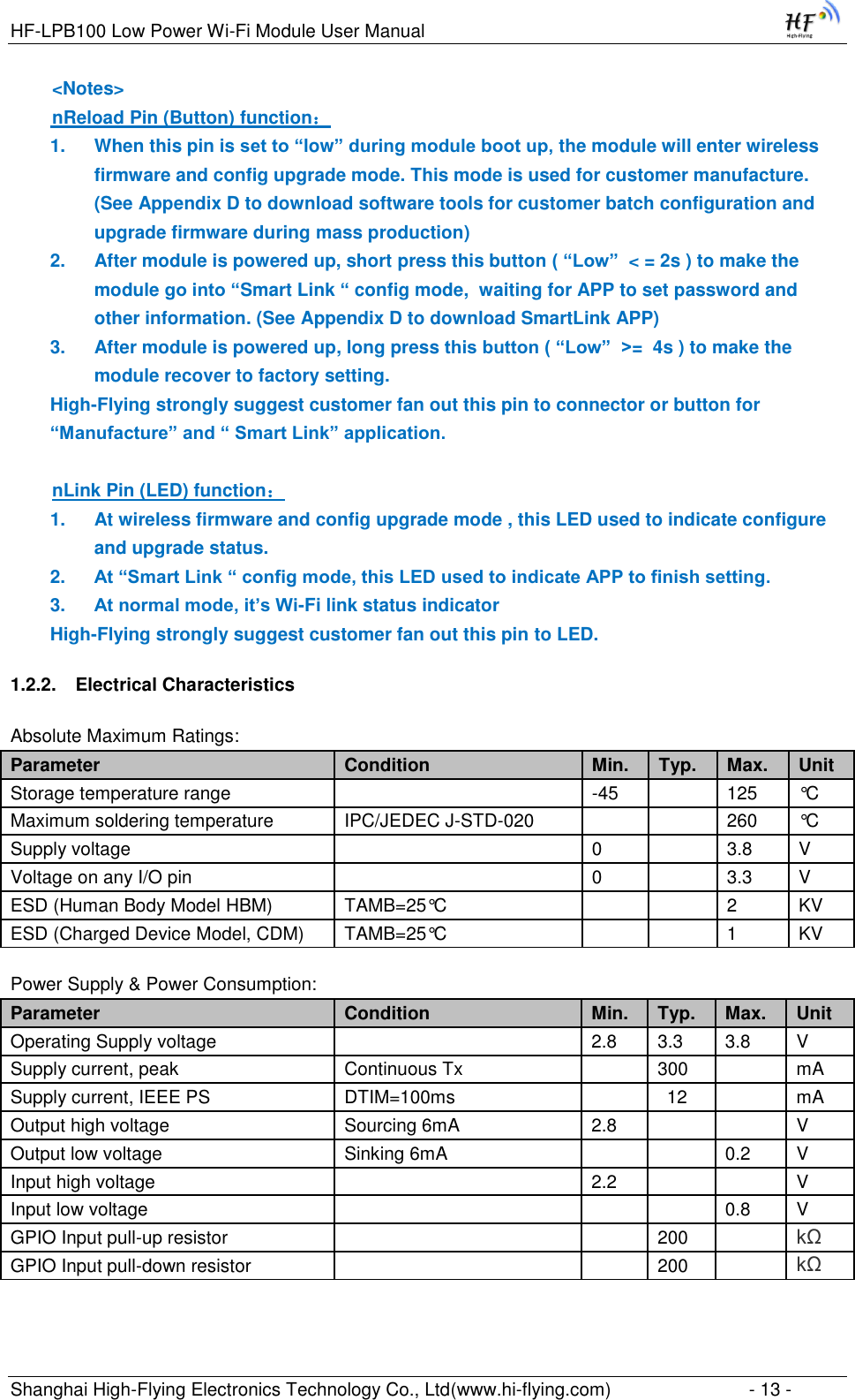 HF-LPB100 Low Power Wi-Fi Module User Manual Shanghai High-Flying Electronics Technology Co., Ltd(www.hi-flying.com)  - 13 -   &lt;Notes&gt;  nReload Pin (Button) function： 1. When this pin is set to “low” during module boot up, the module will enter wireless firmware and config upgrade mode. This mode is used for customer manufacture.  (See Appendix D to download software tools for customer batch configuration and upgrade firmware during mass production)  2. After module is powered up, short press this button ( “Low”  &lt; = 2s ) to make the module go into “Smart Link “ config mode,  waiting for APP to set password and other information. (See Appendix D to download SmartLink APP) 3. After module is powered up, long press this button ( “Low”  &gt;=  4s ) to make the module recover to factory setting. High-Flying strongly suggest customer fan out this pin to connector or button for “Manufacture” and “ Smart Link” application.     nLink Pin (LED) function： 1. At wireless firmware and config upgrade mode , this LED used to indicate configure and upgrade status.  2. At “Smart Link “ config mode, this LED used to indicate APP to finish setting.  3. At normal mode, it’s Wi-Fi link status indicator High-Flying strongly suggest customer fan out this pin to LED. 1.2.2. Electrical Characteristics Absolute Maximum Ratings: Parameter Condition Min.  Typ.  Max.  Unit  Storage temperature range   -45  125  °C  Maximum soldering temperature  IPC/JEDEC J-STD-020   260 °C  Supply voltage   0   3.8 V  Voltage on any I/O pin   0  3.3  V  ESD (Human Body Model HBM) TAMB=25°C   2 KV ESD (Charged Device Model, CDM) TAMB=25°C   1 KV  Power Supply &amp; Power Consumption: Parameter Condition Min.  Typ.  Max.  Unit  Operating Supply voltage   2.8 3.3 3.8  V  Supply current, peak  Continuous Tx  300  mA Supply current, IEEE PS  DTIM=100ms  12  mA Output high voltage  Sourcing 6mA 2.8   V Output low voltage  Sinking 6mA   0.2 V Input high voltage   2.2   V Input low voltage     0.8 V GPIO Input pull-up resistor   200  kΩ GPIO Input pull-down resistor   200  kΩ 