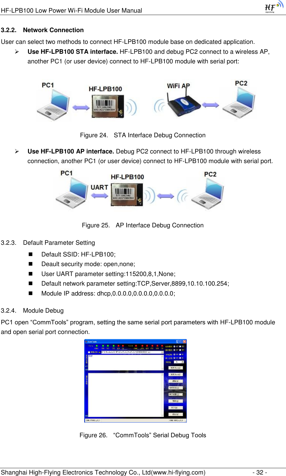 HF-LPB100 Low Power Wi-Fi Module User Manual Shanghai High-Flying Electronics Technology Co., Ltd(www.hi-flying.com)  - 32 - 3.2.2. Network Connection User can select two methods to connect HF-LPB100 module base on dedicated application.  Use HF-LPB100 STA interface. HF-LPB100 and debug PC2 connect to a wireless AP, another PC1 (or user device) connect to HF-LPB100 module with serial port:   Figure 24. STA Interface Debug Connection  Use HF-LPB100 AP interface. Debug PC2 connect to HF-LPB100 through wireless connection, another PC1 (or user device) connect to HF-LPB100 module with serial port.                 Figure 25. AP Interface Debug Connection 3.2.3. Default Parameter Setting  Default SSID: HF-LPB100;  Deault security mode: open,none;  User UART parameter setting:115200,8,1,None;  Default network parameter setting:TCP,Server,8899,10.10.100.254;  Module IP address: dhcp,0.0.0.0,0.0.0.0,0.0.0.0; 3.2.4. Module Debug PC1 open “CommTools” program, setting the same serial port parameters with HF-LPB100 module and open serial port connection.   Figure 26. “CommTools” Serial Debug Tools 