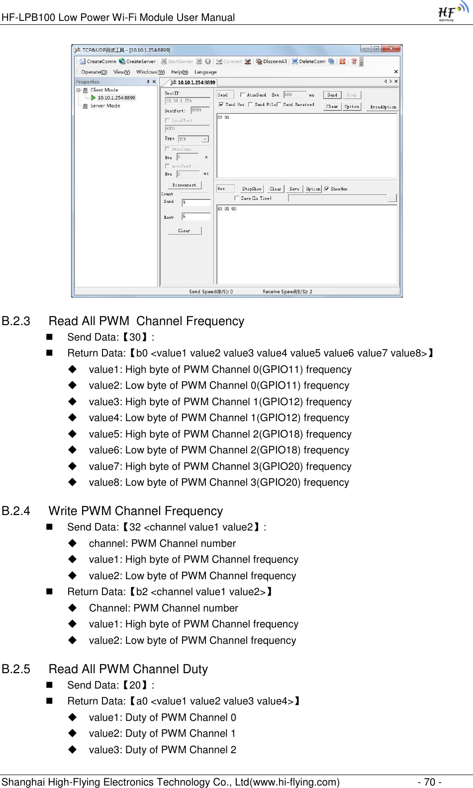 HF-LPB100 Low Power Wi-Fi Module User Manual Shanghai High-Flying Electronics Technology Co., Ltd(www.hi-flying.com)  - 70 -  B.2.3  Read All PWM  Channel Frequency  Send Data:【30】:  Return Data:【b0 &lt;value1 value2 value3 value4 value5 value6 value7 value8&gt;】  value1: High byte of PWM Channel 0(GPIO11) frequency  value2: Low byte of PWM Channel 0(GPIO11) frequency  value3: High byte of PWM Channel 1(GPIO12) frequency  value4: Low byte of PWM Channel 1(GPIO12) frequency  value5: High byte of PWM Channel 2(GPIO18) frequency  value6: Low byte of PWM Channel 2(GPIO18) frequency  value7: High byte of PWM Channel 3(GPIO20) frequency  value8: Low byte of PWM Channel 3(GPIO20) frequency B.2.4  Write PWM Channel Frequency  Send Data:【32 &lt;channel value1 value2】:  channel: PWM Channel number  value1: High byte of PWM Channel frequency  value2: Low byte of PWM Channel frequency  Return Data:【b2 &lt;channel value1 value2&gt;】  Channel: PWM Channel number  value1: High byte of PWM Channel frequency  value2: Low byte of PWM Channel frequency B.2.5  Read All PWM Channel Duty  Send Data:【20】:  Return Data:【a0 &lt;value1 value2 value3 value4&gt;】  value1: Duty of PWM Channel 0  value2: Duty of PWM Channel 1  value3: Duty of PWM Channel 2 