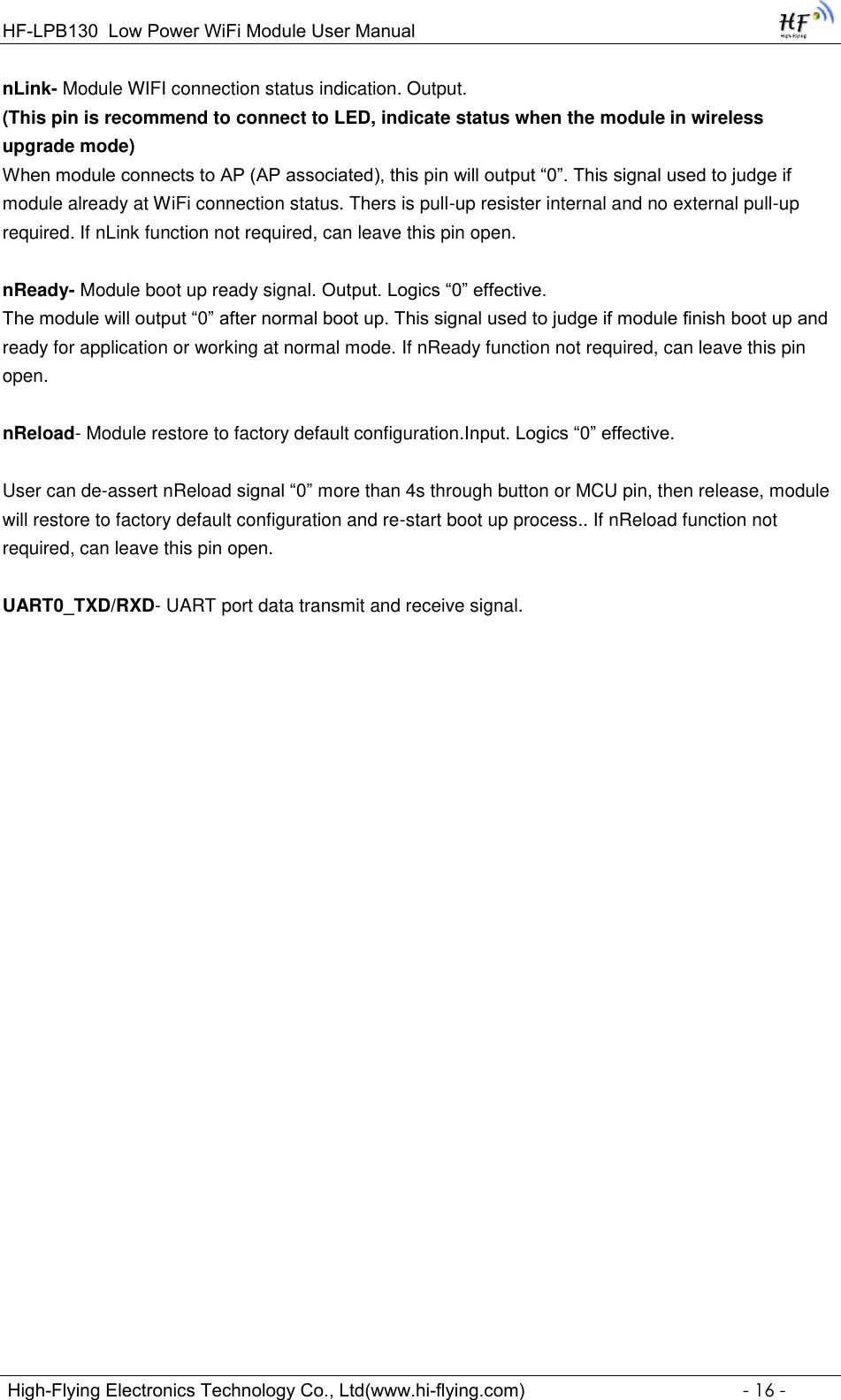 Page 16 of High Flying Electronics Technology HF-LPB130 Wi-Fi Module User Manual GPON SFU System Design