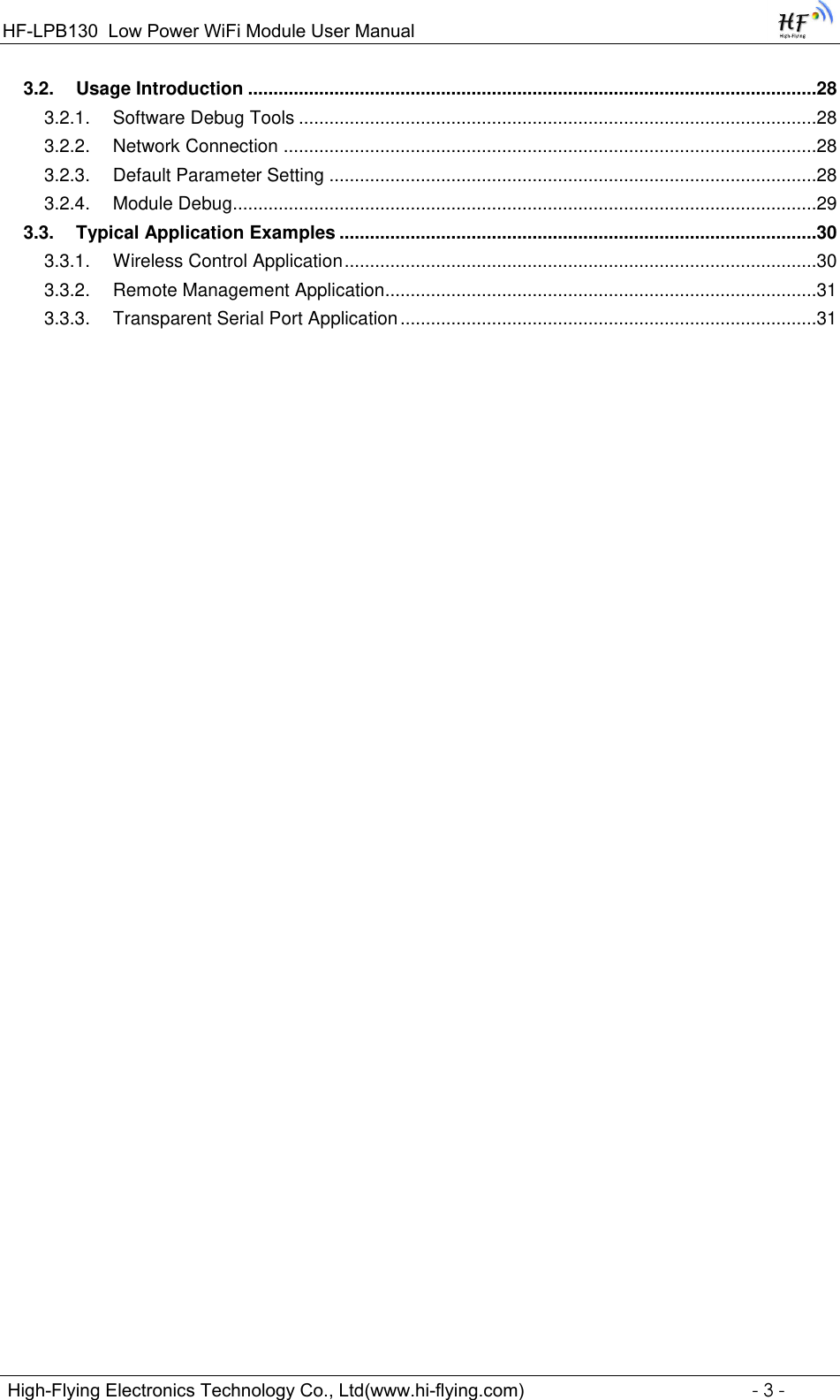 Page 3 of High Flying Electronics Technology HF-LPB130 Wi-Fi Module User Manual GPON SFU System Design