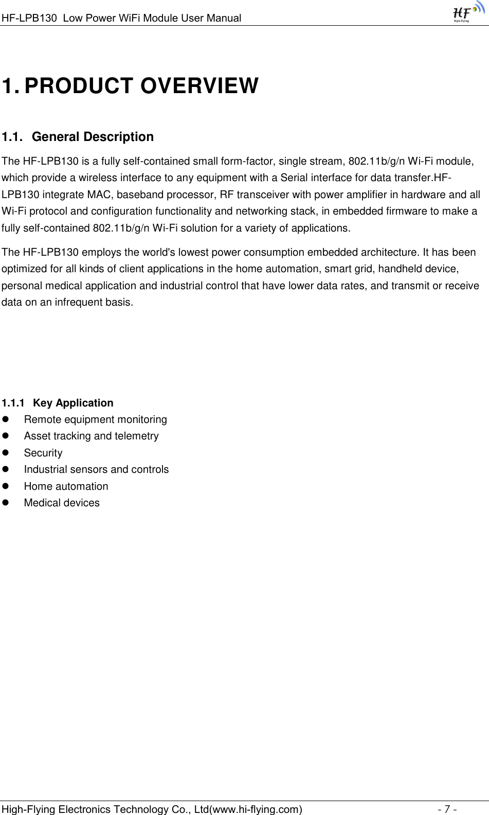 Page 7 of High Flying Electronics Technology HF-LPB130 Wi-Fi Module User Manual GPON SFU System Design