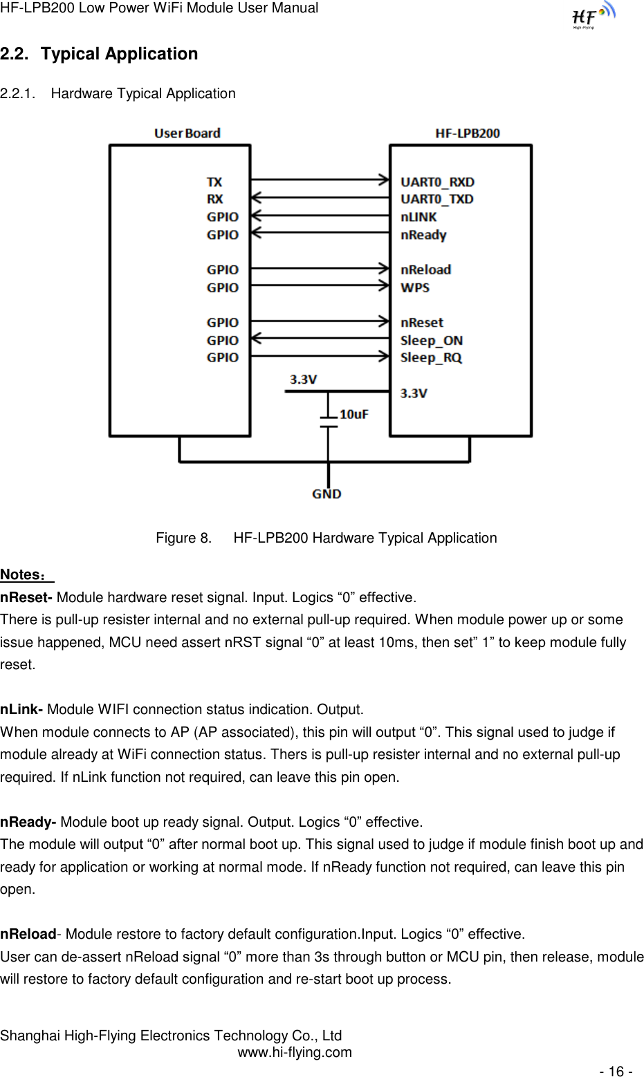 HF-LPB200 Low Power WiFi Module User Manual Shanghai High-Flying Electronics Technology Co., Ltd www.hi-flying.com   - 16 - 2.2. Typical Application 2.2.1. Hardware Typical Application             Figure 8. HF-LPB200 Hardware Typical Application Notes： nReset- Module hardware reset signal. Input. Logics “0” effective.  There is pull-up resister internal and no external pull-up required. When module power up or some issue happened, MCU need assert nRST signal “0” at least 10ms, then set” 1” to keep module fully reset.   nLink- Module WIFI connection status indication. Output.  When module connects to AP (AP associated), this pin will output “0”. This signal used to judge if module already at WiFi connection status. Thers is pull-up resister internal and no external pull-up required. If nLink function not required, can leave this pin open.  nReady- Module boot up ready signal. Output. Logics “0” effective. The module will output “0” after normal boot up. This signal used to judge if module finish boot up and ready for application or working at normal mode. If nReady function not required, can leave this pin open.  nReload- Module restore to factory default configuration.Input. Logics “0” effective. User can de-assert nReload signal “0” more than 3s through button or MCU pin, then release, module will restore to factory default configuration and re-start boot up process.  