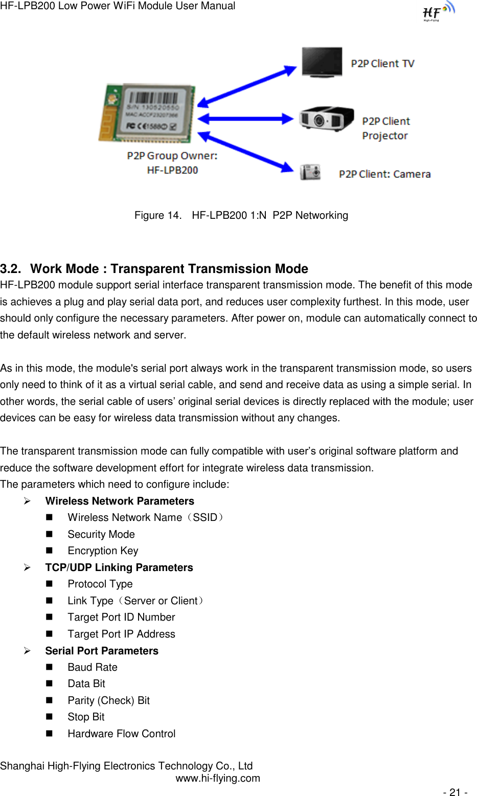 HF-LPB200 Low Power WiFi Module User Manual Shanghai High-Flying Electronics Technology Co., Ltd www.hi-flying.com   - 21 -                                   Figure 14. HF-LPB200 1:N  P2P Networking 3.2. Work Mode : Transparent Transmission Mode HF-LPB200 module support serial interface transparent transmission mode. The benefit of this mode is achieves a plug and play serial data port, and reduces user complexity furthest. In this mode, user should only configure the necessary parameters. After power on, module can automatically connect to the default wireless network and server.   As in this mode, the module&apos;s serial port always work in the transparent transmission mode, so users only need to think of it as a virtual serial cable, and send and receive data as using a simple serial. In other words, the serial cable of users‟ original serial devices is directly replaced with the module; user devices can be easy for wireless data transmission without any changes.  The transparent transmission mode can fully compatible with user‟s original software platform and reduce the software development effort for integrate wireless data transmission. The parameters which need to configure include:  Wireless Network Parameters  Wireless Network Name（SSID）  Security Mode  Encryption Key  TCP/UDP Linking Parameters  Protocol Type  Link Type（Server or Client）  Target Port ID Number  Target Port IP Address  Serial Port Parameters  Baud Rate  Data Bit  Parity (Check) Bit  Stop Bit  Hardware Flow Control 