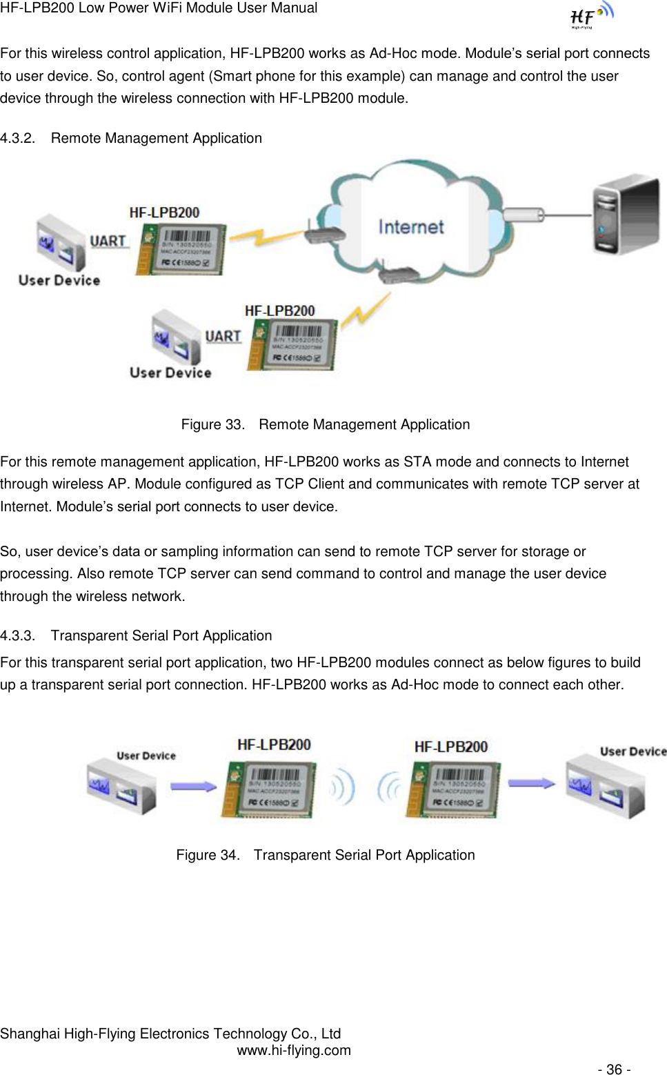 HF-LPB200 Low Power WiFi Module User Manual Shanghai High-Flying Electronics Technology Co., Ltd www.hi-flying.com   - 36 - For this wireless control application, HF-LPB200 works as Ad-Hoc mode. Module‟s serial port connects to user device. So, control agent (Smart phone for this example) can manage and control the user device through the wireless connection with HF-LPB200 module. 4.3.2. Remote Management Application  Figure 33. Remote Management Application For this remote management application, HF-LPB200 works as STA mode and connects to Internet through wireless AP. Module configured as TCP Client and communicates with remote TCP server at Internet. Module‟s serial port connects to user device.   So, user device‟s data or sampling information can send to remote TCP server for storage or processing. Also remote TCP server can send command to control and manage the user device through the wireless network. 4.3.3. Transparent Serial Port Application For this transparent serial port application, two HF-LPB200 modules connect as below figures to build up a transparent serial port connection. HF-LPB200 works as Ad-Hoc mode to connect each other.   Figure 34. Transparent Serial Port Application     