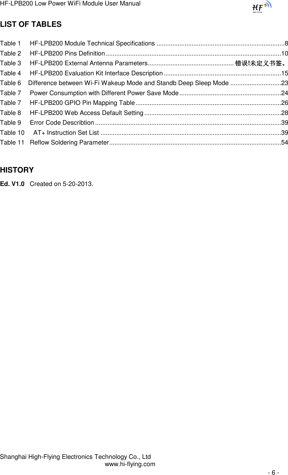 HF-LPB200 Low Power WiFi Module User Manual Shanghai High-Flying Electronics Technology Co., Ltd www.hi-flying.com   - 6 - LIST OF TABLES  Table 1     HF-LPB200 Module Technical Specifications ......................................................................... 8 Table 2     HF-LPB200 Pins Definition .................................................................................................... 10 Table 3     HF-LPB200 External Antenna Parameters ................................................. 错误!未定义书签。 Table 4     HF-LPB200 Evaluation Kit Interface Description ................................................................... 15 Table 6    Difference between Wi-Fi Wakeup Mode and Standb Deep Sleep Mode ............................. 23 Table 7     Power Consumption with Different Power Save Mode .......................................................... 24 Table 7     HF-LPB200 GPIO Pin Mapping Table ................................................................................... 26 Table 8     HF-LPB200 Web Access Default Setting .............................................................................. 28 Table 9     Error Code Describtion .......................................................................................................... 39 Table 10     AT+ Instruction Set List ....................................................................................................... 39 Table 11   Reflow Soldering Parameter .................................................................................................. 54 HISTORY Ed. V1.0   Created on 5-20-2013.                