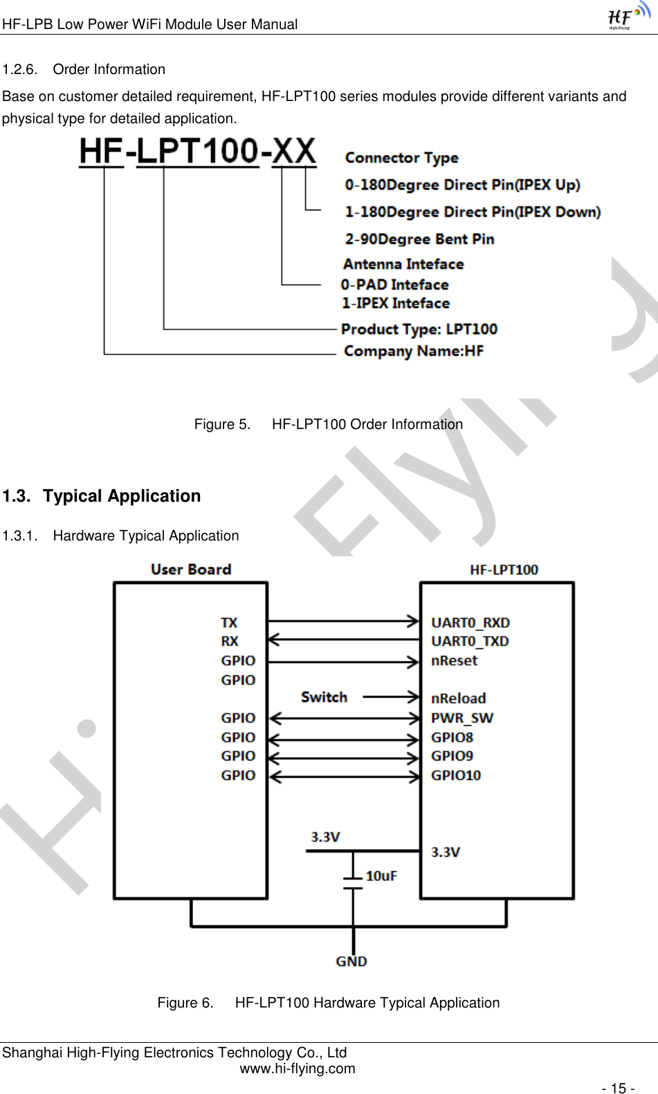 High-FlyingHF-LPB Low Power WiFi Module User Manual Shanghai High-Flying Electronics Technology Co., Ltd www.hi-flying.com   - 15 - 1.2.6. Order Information  Base on customer detailed requirement, HF-LPT100 series modules provide different variants and physical type for detailed application.  Figure 5. HF-LPT100 Order Information 1.3. Typical Application 1.3.1. Hardware Typical Application             Figure 6. HF-LPT100 Hardware Typical Application 