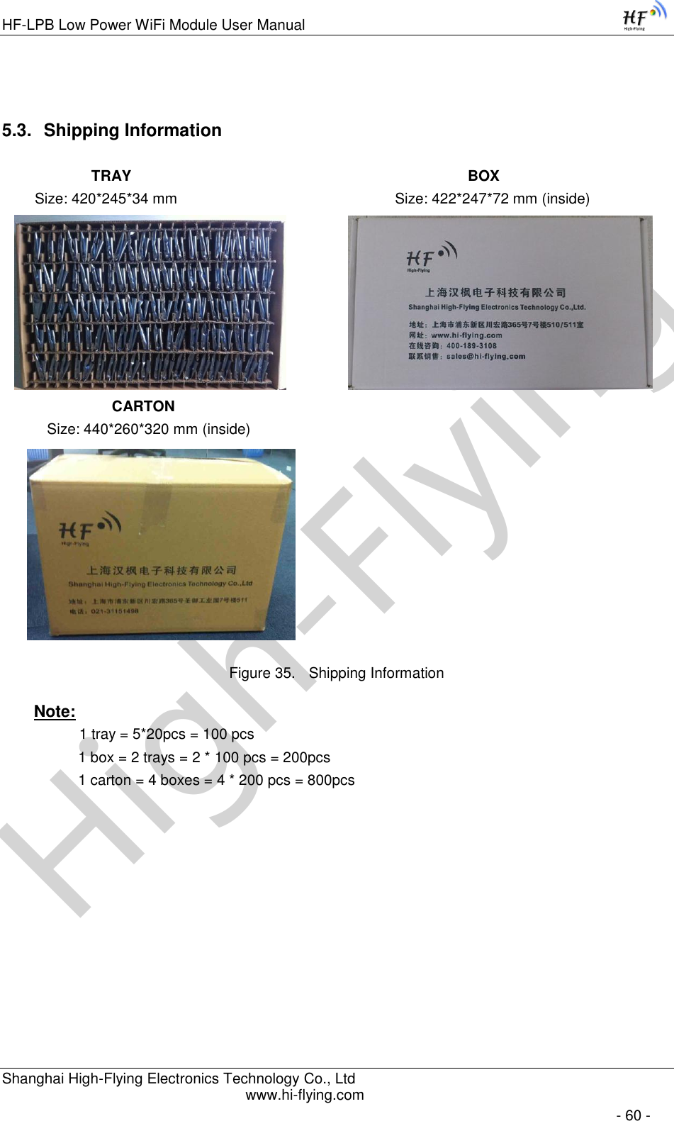 High-FlyingHF-LPB Low Power WiFi Module User Manual Shanghai High-Flying Electronics Technology Co., Ltd www.hi-flying.com   - 60 -  5.3. Shipping Information             TRAY                                                                                  BOX         Size: 420*245*34 mm                                                     Size: 422*247*72 mm (inside)                                CARTON                 Size: 440*260*320 mm (inside)       Figure 35. Shipping Information Note:               1 tray = 5*20pcs = 100 pcs          1 box = 2 trays = 2 * 100 pcs = 200pcs           1 carton = 4 boxes = 4 * 200 pcs = 800pcs    