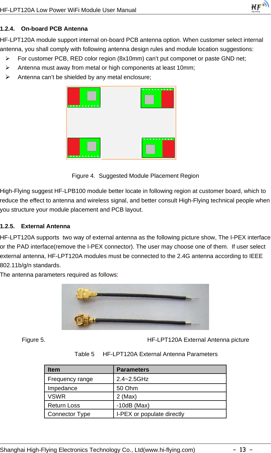 HF-LPT120A Low Power WiFi Module User ManualShanghai High-Flying Electronics Technology Co., Ltd(www.hi-flying.com) -13-1.2.4. On-board PCB AntennaHF-LPT120A module support internal on-board PCB antenna option. When customer select internalantenna, you shall comply with following antenna design rules and module location suggestions:For customer PCB, RED color region (8x10mm) can’t put componet or paste GND net;Antenna must away from metal or high components at least 10mm;Antenna can’t be shielded by any metal enclosure;Figure 4. Suggested Module Placement RegionHigh-Flying suggest HF-LPB100 module better locate in following region at customer board, which toreduce the effect to antenna and wireless signal, and better consult High-Flying technical people whenyou structure your module placement and PCB layout.1.2.5. External AntennaHF-LPT120A supports two way of external antenna as the following picture show, The I-PEX interfaceor the PAD interface(remove the I-PEX connector). The user may choose one of them. If user selectexternal antenna, HF-LPT120A modules must be connected to the 2.4G antenna according to IEEE802.11b/g/n standards.The antenna parameters required as follows:Figure 5. HF-LPT120A External Antenna pictureTable 5 HF-LPT120A External Antenna ParametersItem ParametersFrequency range 2.4~2.5GHzImpedance 50 OhmVSWR 2 (Max)Return Loss -10dB (Max)Connector Type I-PEX or populate directly