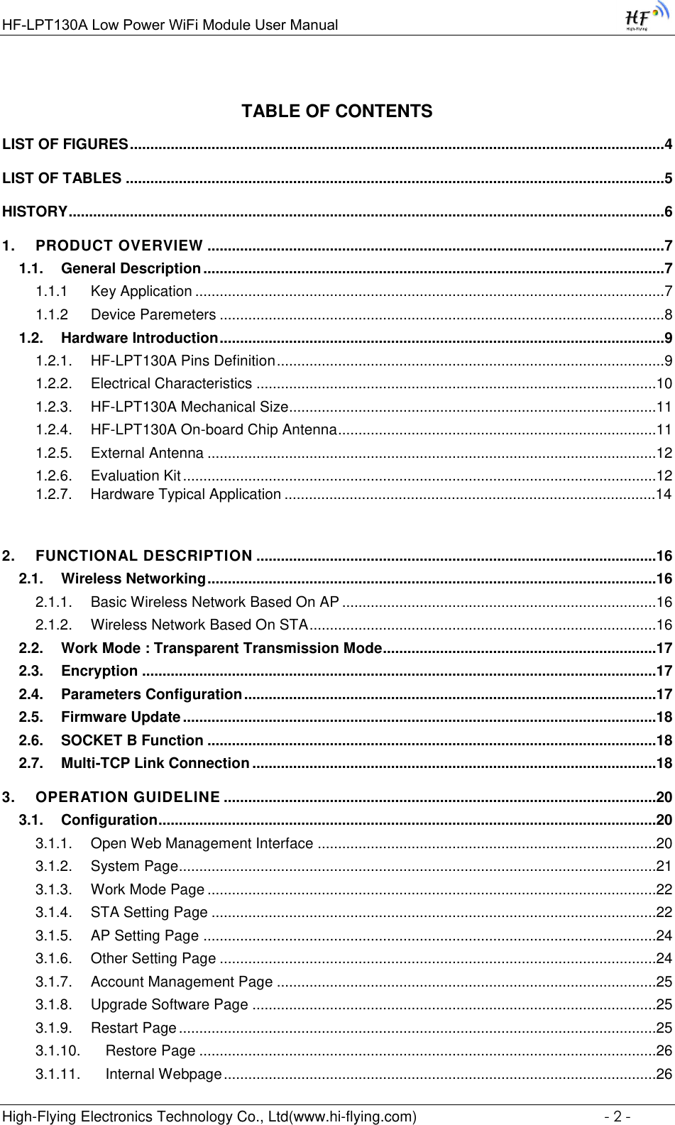 Page 2 of High Flying Electronics Technology HF-LPT130A Wi-Fi Module User Manual GPON SFU System Design