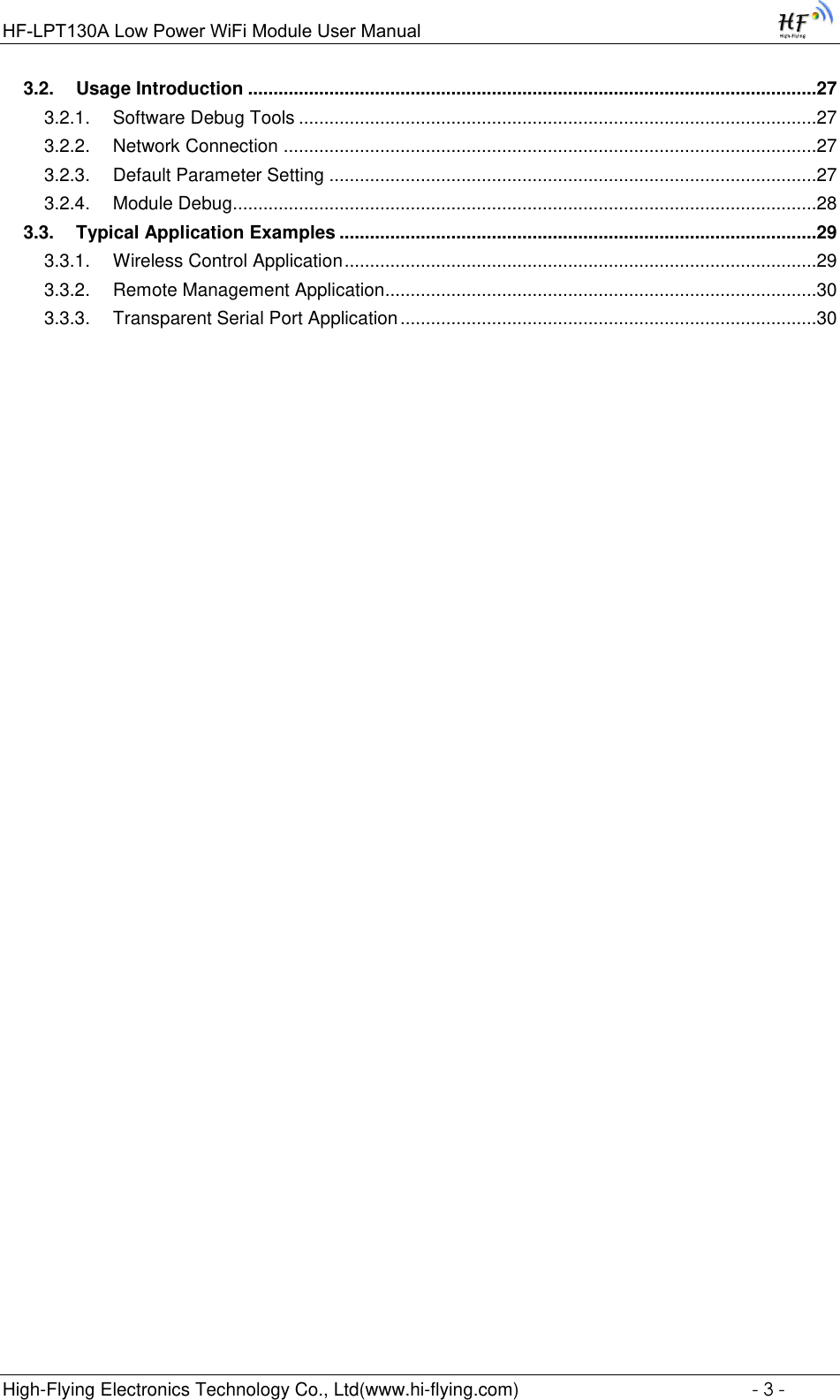 Page 3 of High Flying Electronics Technology HF-LPT130A Wi-Fi Module User Manual GPON SFU System Design