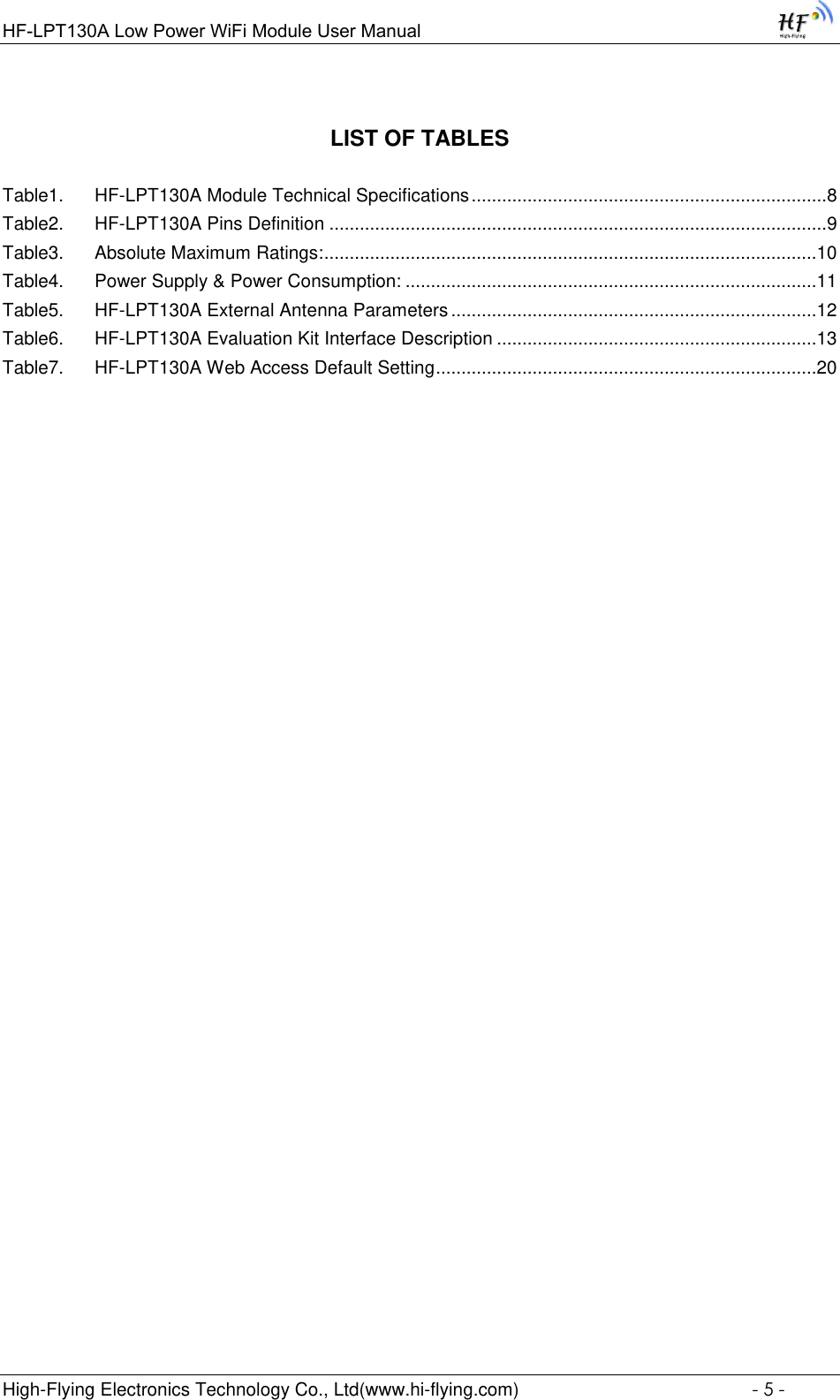 Page 5 of High Flying Electronics Technology HF-LPT130A Wi-Fi Module User Manual GPON SFU System Design