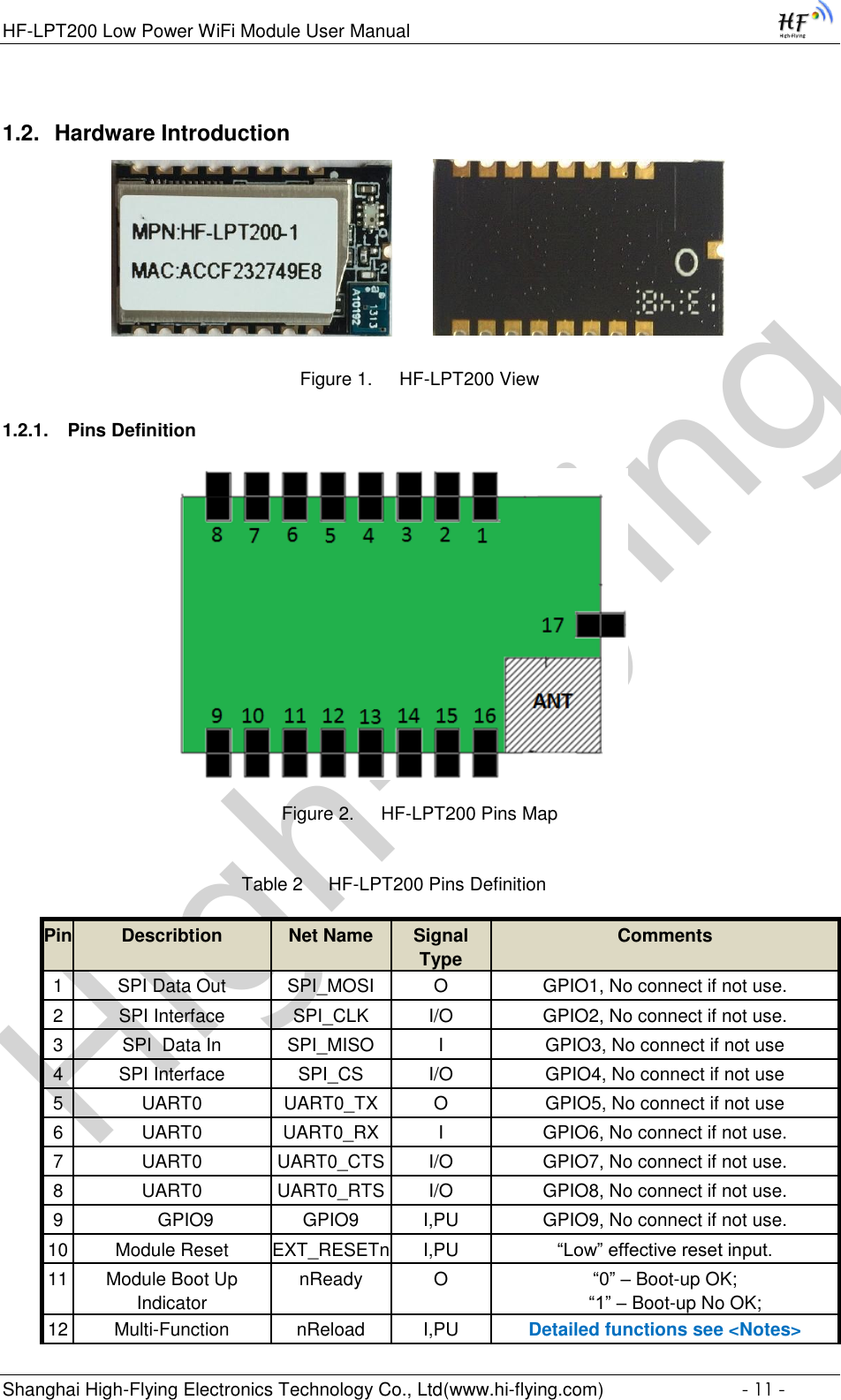 High-FlyingHF-LPT200 Low Power WiFi Module User Manual Shanghai High-Flying Electronics Technology Co., Ltd(www.hi-flying.com)  - 11 - 1.2. Hardware Introduction                              Figure 1. HF-LPT200 View  1.2.1. Pins Definition                                     Figure 2. HF-LPT200 Pins Map  Table 2     HF-LPT200 Pins Definition Pin Describtion Net Name Signal Type Comments 1 SPI Data Out SPI_MOSI O GPIO1, No connect if not use. 2 SPI Interface SPI_CLK I/O GPIO2, No connect if not use. 3 SPI  Data In SPI_MISO I GPIO3, No connect if not use 4 SPI Interface SPI_CS I/O GPIO4, No connect if not use 5 UART0  UART0_TX  O GPIO5, No connect if not use 6 UART0 UART0_RX  I GPIO6, No connect if not use. 7 UART0 UART0_CTS  I/O  GPIO7, No connect if not use. 8 UART0  UART0_RTS I/O GPIO8, No connect if not use. 9 GPIO9 GPIO9 I,PU GPIO9, No connect if not use. 10 Module Reset EXT_RESETn I,PU “Low” effective reset input. 11 Module Boot Up Indicator nReady O “0” – Boot-up OK;      “1” – Boot-up No OK;  12 Multi-Function nReload I,PU Detailed functions see &lt;Notes&gt; 