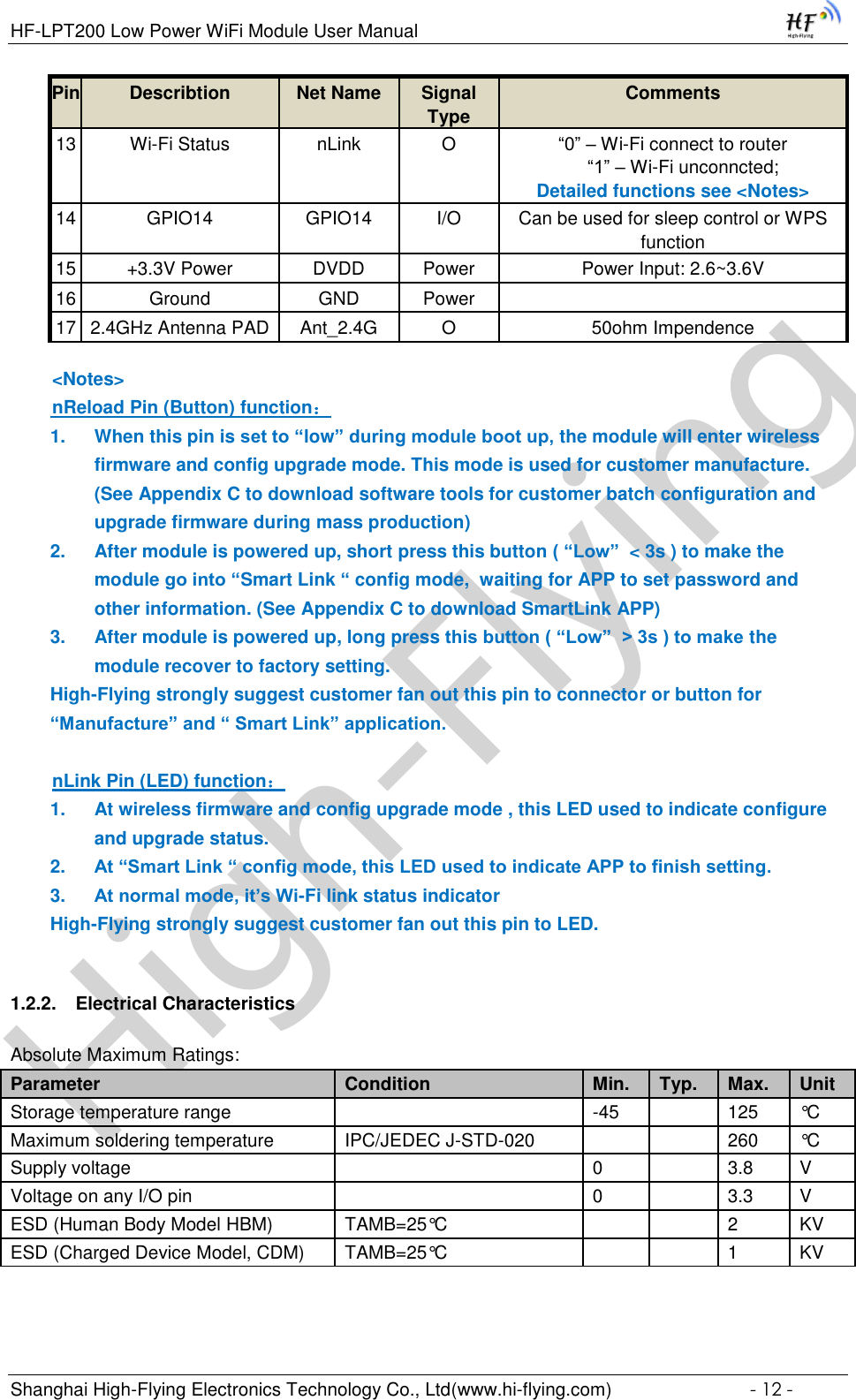 High-FlyingHF-LPT200 Low Power WiFi Module User Manual Shanghai High-Flying Electronics Technology Co., Ltd(www.hi-flying.com)  - 12 - Pin Describtion Net Name Signal Type Comments 13 Wi-Fi Status  nLink O “0” – Wi-Fi connect to router     “1” – Wi-Fi unconncted; Detailed functions see &lt;Notes&gt; 14 GPIO14 GPIO14 I/O Can be used for sleep control or WPS function 15 +3.3V Power DVDD Power Power Input: 2.6~3.6V 16 Ground GND Power  17 2.4GHz Antenna PAD Ant_2.4G O 50ohm Impendence   &lt;Notes&gt;  nReload Pin (Button) function： 1. When this pin is set to “low” during module boot up, the module will enter wireless firmware and config upgrade mode. This mode is used for customer manufacture.  (See Appendix C to download software tools for customer batch configuration and upgrade firmware during mass production)  2. After module is powered up, short press this button ( “Low”  &lt; 3s ) to make the module go into “Smart Link “ config mode,  waiting for APP to set password and other information. (See Appendix C to download SmartLink APP) 3. After module is powered up, long press this button ( “Low”  &gt; 3s ) to make the module recover to factory setting. High-Flying strongly suggest customer fan out this pin to connector or button for “Manufacture” and “ Smart Link” application.     nLink Pin (LED) function： 1. At wireless firmware and config upgrade mode , this LED used to indicate configure and upgrade status.  2. At “Smart Link “ config mode, this LED used to indicate APP to finish setting.  3. At normal mode, it’s Wi-Fi link status indicator High-Flying strongly suggest customer fan out this pin to LED.  1.2.2. Electrical Characteristics Absolute Maximum Ratings: Parameter Condition Min.  Typ.  Max.  Unit  Storage temperature range   -45  125  °C  Maximum soldering temperature  IPC/JEDEC J-STD-020   260 °C  Supply voltage   0   3.8 V  Voltage on any I/O pin   0  3.3  V  ESD (Human Body Model HBM) TAMB=25°C   2 KV ESD (Charged Device Model, CDM) TAMB=25°C   1 KV   