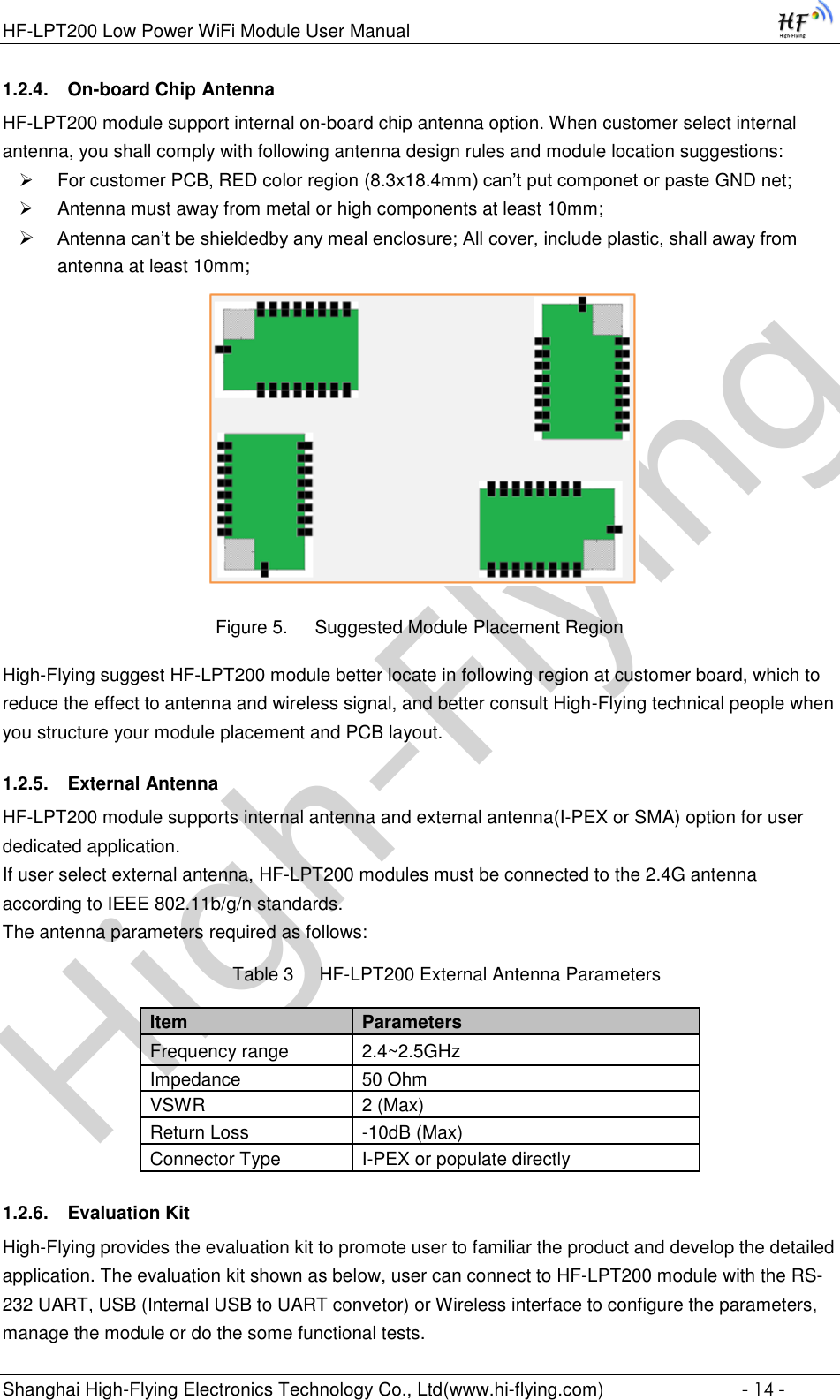 High-FlyingHF-LPT200 Low Power WiFi Module User Manual Shanghai High-Flying Electronics Technology Co., Ltd(www.hi-flying.com)  - 14 - 1.2.4. On-board Chip Antenna HF-LPT200 module support internal on-board chip antenna option. When customer select internal antenna, you shall comply with following antenna design rules and module location suggestions:  For customer PCB, RED color region (8.3x18.4mm) can’t put componet or paste GND net;  Antenna must away from metal or high components at least 10mm;  Antenna can’t be shieldedby any meal enclosure; All cover, include plastic, shall away from antenna at least 10mm;                                Figure 5. Suggested Module Placement Region High-Flying suggest HF-LPT200 module better locate in following region at customer board, which to reduce the effect to antenna and wireless signal, and better consult High-Flying technical people when you structure your module placement and PCB layout.  1.2.5. External Antenna HF-LPT200 module supports internal antenna and external antenna(I-PEX or SMA) option for user dedicated application.  If user select external antenna, HF-LPT200 modules must be connected to the 2.4G antenna according to IEEE 802.11b/g/n standards.  The antenna parameters required as follows: Table 3     HF-LPT200 External Antenna Parameters  1.2.6. Evaluation Kit High-Flying provides the evaluation kit to promote user to familiar the product and develop the detailed application. The evaluation kit shown as below, user can connect to HF-LPT200 module with the RS-232 UART, USB (Internal USB to UART convetor) or Wireless interface to configure the parameters, manage the module or do the some functional tests. Item Parameters Frequency range 2.4~2.5GHz Impedance 50 Ohm VSWR 2 (Max) Return Loss -10dB (Max) Connector Type I-PEX or populate directly 