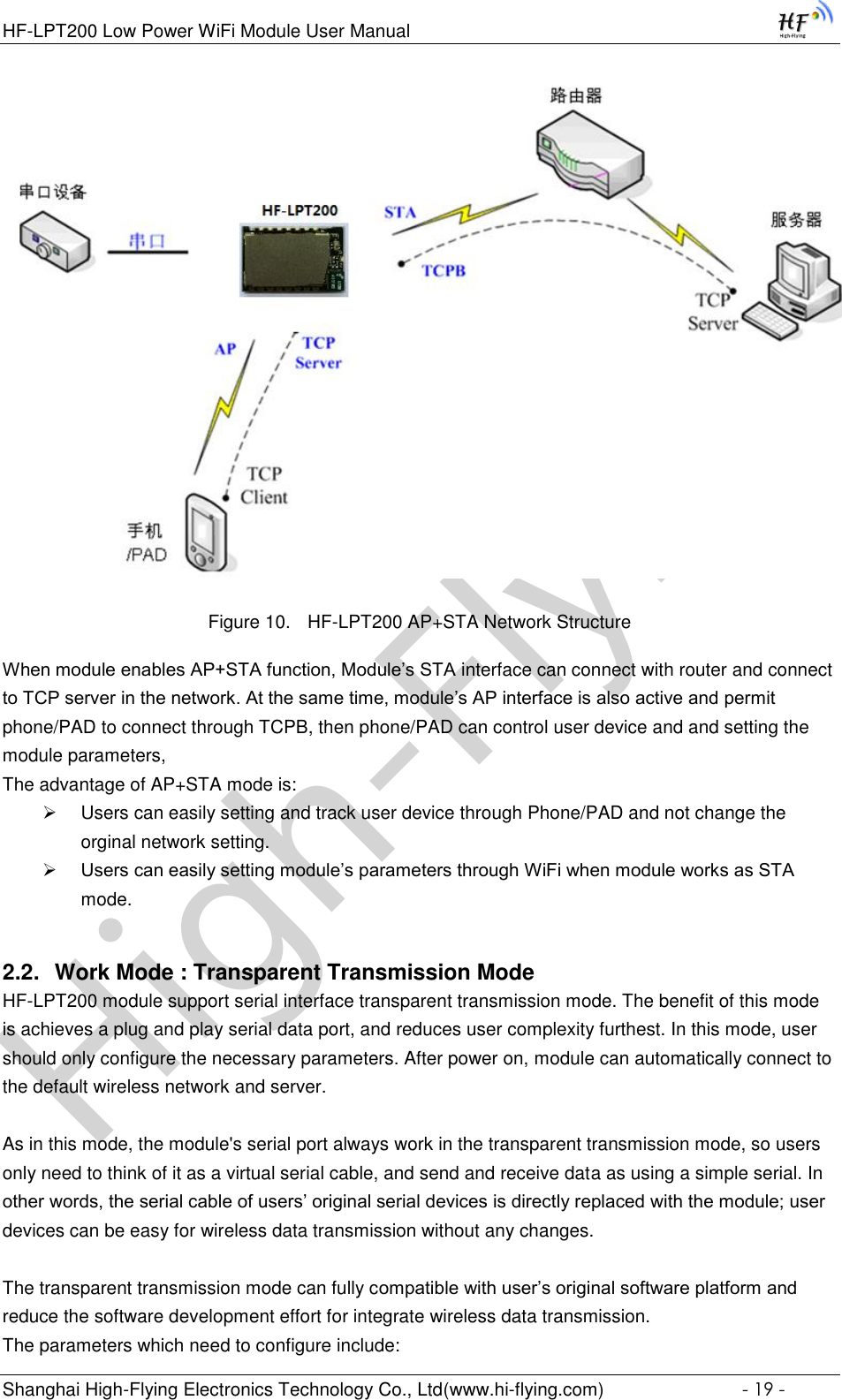 High-FlyingHF-LPT200 Low Power WiFi Module User Manual Shanghai High-Flying Electronics Technology Co., Ltd(www.hi-flying.com)  - 19 -  Figure 10. HF-LPT200 AP+STA Network Structure When module enables AP+STA function, Module’s STA interface can connect with router and connect to TCP server in the network. At the same time, module’s AP interface is also active and permit phone/PAD to connect through TCPB, then phone/PAD can control user device and and setting the module parameters, The advantage of AP+STA mode is:  Users can easily setting and track user device through Phone/PAD and not change the orginal network setting.  Users can easily setting module’s parameters through WiFi when module works as STA mode. 2.2. Work Mode : Transparent Transmission Mode HF-LPT200 module support serial interface transparent transmission mode. The benefit of this mode is achieves a plug and play serial data port, and reduces user complexity furthest. In this mode, user should only configure the necessary parameters. After power on, module can automatically connect to the default wireless network and server.   As in this mode, the module&apos;s serial port always work in the transparent transmission mode, so users only need to think of it as a virtual serial cable, and send and receive data as using a simple serial. In other words, the serial cable of users’ original serial devices is directly replaced with the module; user devices can be easy for wireless data transmission without any changes.  The transparent transmission mode can fully compatible with user’s original software platform and reduce the software development effort for integrate wireless data transmission. The parameters which need to configure include: 