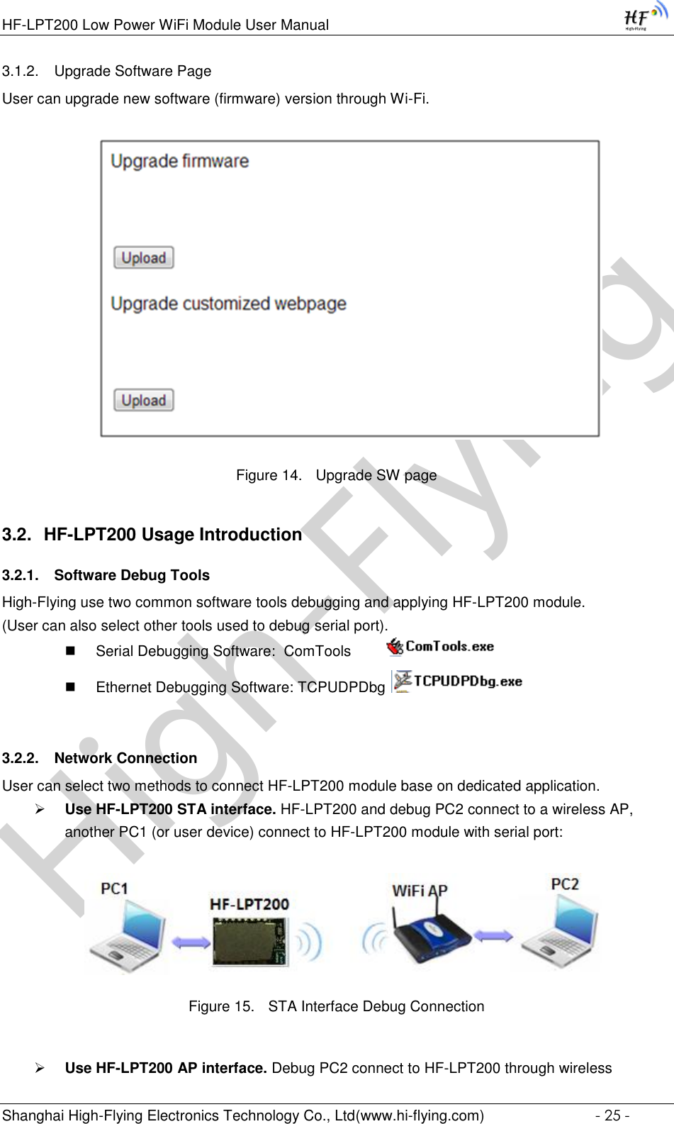 High-FlyingHF-LPT200 Low Power WiFi Module User Manual Shanghai High-Flying Electronics Technology Co., Ltd(www.hi-flying.com)  - 25 - 3.1.2. Upgrade Software Page User can upgrade new software (firmware) version through Wi-Fi.                   Figure 14. Upgrade SW page 3.2. HF-LPT200 Usage Introduction 3.2.1. Software Debug Tools High-Flying use two common software tools debugging and applying HF-LPT200 module.  (User can also select other tools used to debug serial port).  Serial Debugging Software:  ComTools           Ethernet Debugging Software: TCPUDPDbg    3.2.2. Network Connection User can select two methods to connect HF-LPT200 module base on dedicated application.  Use HF-LPT200 STA interface. HF-LPT200 and debug PC2 connect to a wireless AP, another PC1 (or user device) connect to HF-LPT200 module with serial port:   Figure 15. STA Interface Debug Connection   Use HF-LPT200 AP interface. Debug PC2 connect to HF-LPT200 through wireless  