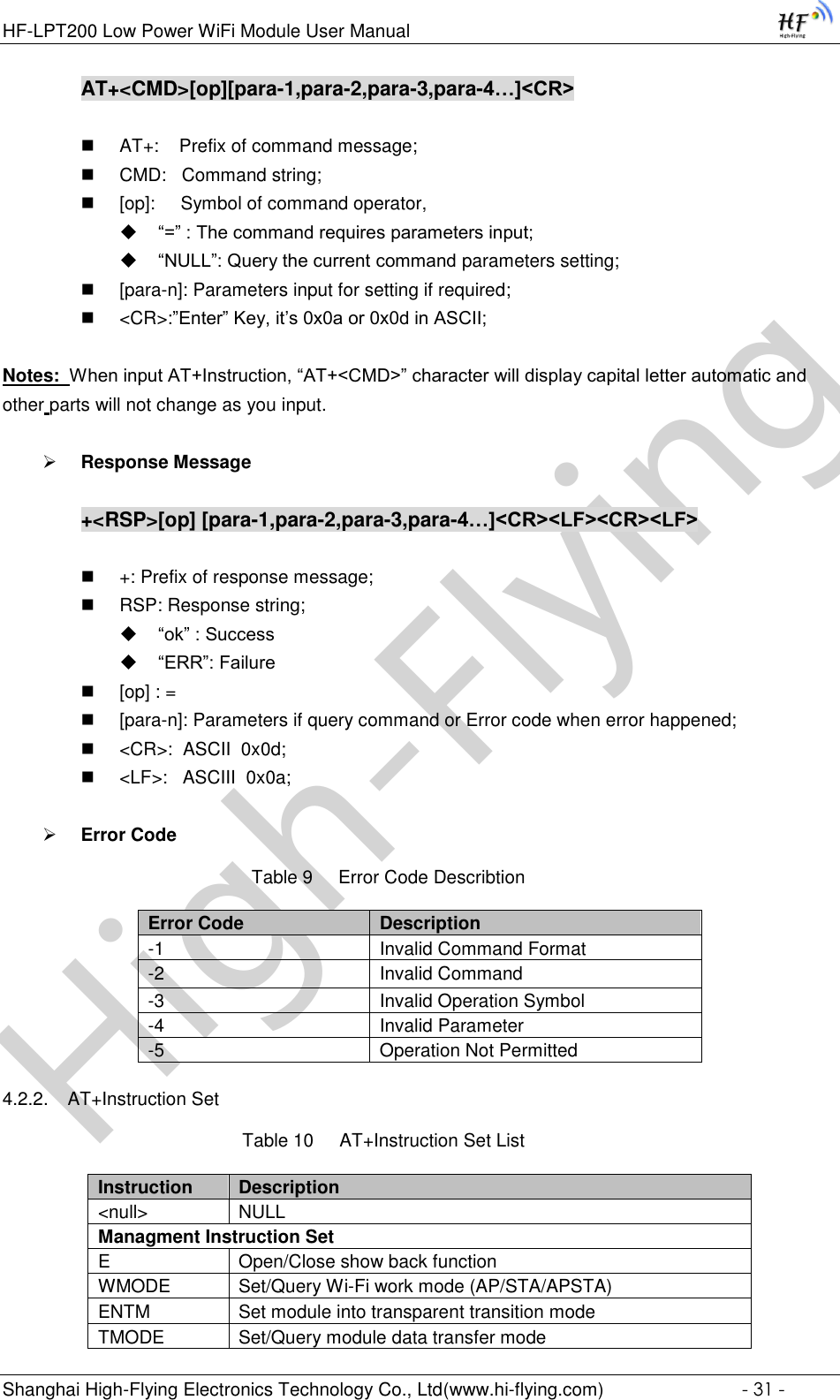 High-FlyingHF-LPT200 Low Power WiFi Module User Manual Shanghai High-Flying Electronics Technology Co., Ltd(www.hi-flying.com)  - 31 - AT+&lt;CMD&gt;[op][para-1,para-2,para-3,para-4…]&lt;CR&gt;   AT+:    Prefix of command message;  CMD:   Command string;  [op]:     Symbol of command operator,  “=” : The command requires parameters input;  “NULL”: Query the current command parameters setting;  [para-n]: Parameters input for setting if required;  &lt;CR&gt;:”Enter” Key, it’s 0x0a or 0x0d in ASCII;  Notes:  When input AT+Instruction, “AT+&lt;CMD&gt;” character will display capital letter automatic and other parts will not change as you input.   Response Message  +&lt;RSP&gt;[op] [para-1,para-2,para-3,para-4…]&lt;CR&gt;&lt;LF&gt;&lt;CR&gt;&lt;LF&gt;   +: Prefix of response message;  RSP: Response string;  “ok” : Success  “ERR”: Failure  [op] : =  [para-n]: Parameters if query command or Error code when error happened;  &lt;CR&gt;:  ASCII  0x0d;  &lt;LF&gt;:   ASCIII  0x0a;   Error Code Table 9     Error Code Describtion Error Code Description -1 Invalid Command Format -2 Invalid Command -3 Invalid Operation Symbol -4 Invalid Parameter -5 Operation Not Permitted 4.2.2. AT+Instruction Set Table 10     AT+Instruction Set List Instruction Description &lt;null&gt; NULL Managment Instruction Set E Open/Close show back function WMODE Set/Query Wi-Fi work mode (AP/STA/APSTA) ENTM Set module into transparent transition mode TMODE Set/Query module data transfer mode 