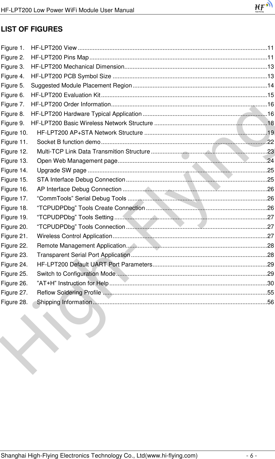 High-FlyingHF-LPT200 Low Power WiFi Module User Manual Shanghai High-Flying Electronics Technology Co., Ltd(www.hi-flying.com)  - 6 - LIST OF FIGURES  Figure 1. HF-LPT200 View ..................................................................................................................11 Figure 2. HF-LPT200 Pins Map ...........................................................................................................11 Figure 3. HF-LPT200 Mechanical Dimension......................................................................................13 Figure 4. HF-LPT200 PCB Symbol Size .............................................................................................13 Figure 5. Suggested Module Placement Region .................................................................................14 Figure 6. HF-LPT200 Evaluation Kit ....................................................................................................15 Figure 7. HF-LPT200 Order Information ..............................................................................................16 Figure 8. HF-LPT200 Hardware Typical Application ...........................................................................16 Figure 9. HF-LPT200 Basic Wireless Network Structure ....................................................................18 Figure 10. HF-LPT200 AP+STA Network Structure ..........................................................................19 Figure 11. Socket B function demo ....................................................................................................22 Figure 12. Multi-TCP Link Data Transmition Structure ......................................................................23 Figure 13. Open Web Management page ..........................................................................................24 Figure 14. Upgrade SW page ............................................................................................................25 Figure 15. STA Interface Debug Connection .....................................................................................25 Figure 16. AP Interface Debug Connection .......................................................................................26 Figure 17. “CommTools” Serial Debug Tools ....................................................................................26 Figure 18. “TCPUDPDbg” Tools Create Connection .........................................................................26 Figure 19. “TCPUDPDbg” Tools Setting ............................................................................................27 Figure 20. “TCPUDPDbg” Tools Connection .....................................................................................27 Figure 21. Wireless Control Application .............................................................................................27 Figure 22. Remote Management Application.....................................................................................28 Figure 23. Transparent Serial Port Application ..................................................................................28 Figure 24. HF-LPT200 Default UART Port Parameters .....................................................................29 Figure 25. Switch to Configuration Mode ...........................................................................................29 Figure 26. ”AT+H” Instruction for Help ...............................................................................................30 Figure 27. Reflow Soldering Profile ...................................................................................................55 Figure 28. Shipping Information .........................................................................................................56  