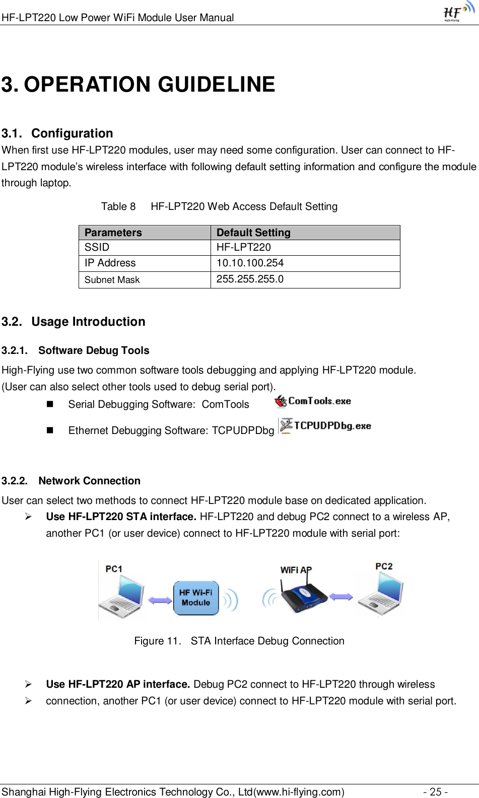 HF-LPT220 Low Power WiFi Module User Manual Shanghai High-Flying Electronics Technology Co., Ltd(www.hi-flying.com)  - 25 - 3. OPERATION GUIDELINE 3.1. Configuration When first use HF-LPT220 modules, user may need some configuration. User can connect to HF-LPT220 module’s wireless interface with following default setting information and configure the module through laptop.           Table 8     HF-LPT220 Web Access Default Setting Parameters Default Setting SSID HF-LPT220 IP Address 10.10.100.254 Subnet Mask 255.255.255.0 3.2. Usage Introduction 3.2.1. Software Debug Tools High-Flying use two common software tools debugging and applying HF-LPT220 module.  (User can also select other tools used to debug serial port).  Serial Debugging Software:  ComTools           Ethernet Debugging Software: TCPUDPDbg    3.2.2. Network Connection User can select two methods to connect HF-LPT220 module base on dedicated application.  Use HF-LPT220 STA interface. HF-LPT220 and debug PC2 connect to a wireless AP, another PC1 (or user device) connect to HF-LPT220 module with serial port:   Figure 11. STA Interface Debug Connection   Use HF-LPT220 AP interface. Debug PC2 connect to HF-LPT220 through wireless   connection, another PC1 (or user device) connect to HF-LPT220 module with serial port. 
