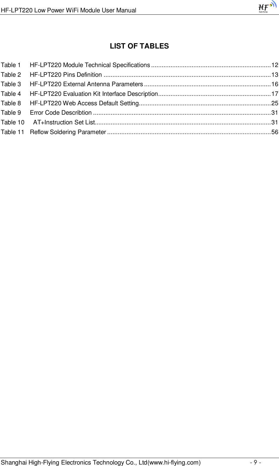 HF-LPT220 Low Power WiFi Module User Manual Shanghai High-Flying Electronics Technology Co., Ltd(www.hi-flying.com)  - 9 - LIST OF TABLES  Table 1     HF-LPT220 Module Technical Specifications .................................................................... 12 Table 2     HF-LPT220 Pins Definition ............................................................................................... 13 Table 3     HF-LPT220 External Antenna Parameters ........................................................................ 16 Table 4     HF-LPT220 Evaluation Kit Interface Description................................................................ 17 Table 8     HF-LPT220 Web Access Default Setting........................................................................... 25 Table 9     Error Code Describtion ..................................................................................................... 31 Table 10     AT+Instruction Set List.................................................................................................... 31 Table 11   Reflow Soldering Parameter ............................................................................................. 56 