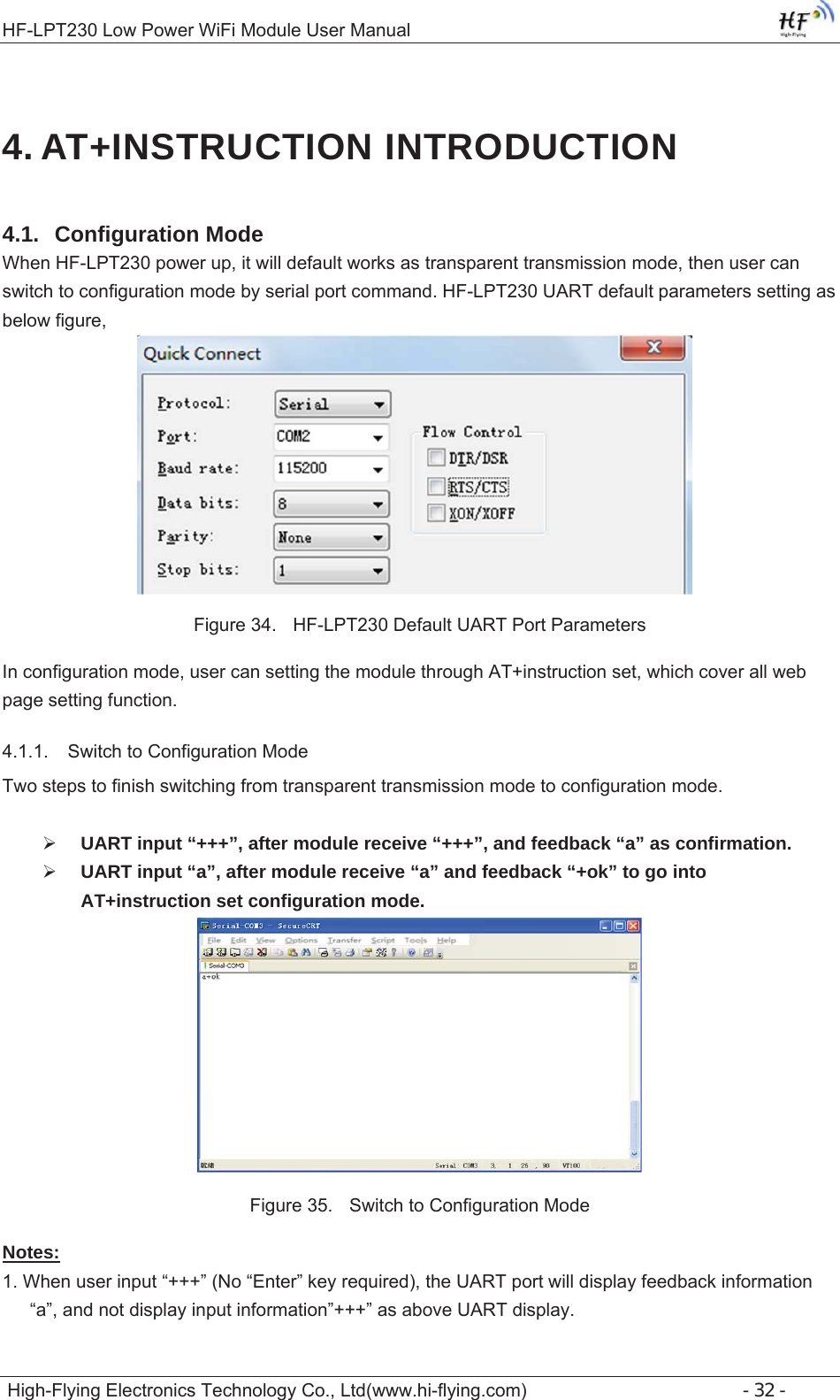 +)/37/RZ3RZHU:L)L0RGXOH8VHU0DQXDO+LJK)O\LQJ(OHFWURQLFV7HFKQRORJ\&amp;R/WGZZZKLIO\LQJFRP- 32 - 4. AT+INSTRUCTION INTRODUCTION4.1. Configuration Mode:KHQ+)/37SRZHUXSLWZLOOGHIDXOWZRUNVDVWUDQVSDUHQWWUDQVPLVVLRQPRGHWKHQXVHUFDQVZLWFKWRFRQILJXUDWLRQPRGHE\VHULDOSRUWFRPPDQG+)/378$57GHIDXOWSDUDPHWHUVVHWWLQJDVEHORZILJXUH)LJXUH +)/37&apos;HIDXOW8$573RUW3DUDPHWHUV,QFRQILJXUDWLRQPRGHXVHUFDQVHWWLQJWKHPRGXOHWKURXJK$7LQVWUXFWLRQVHWZKLFKFRYHUDOOZHESDJHVHWWLQJIXQFWLRQ 6ZLWFKWR&amp;RQILJXUDWLRQ0RGH7ZRVWHSVWRILQLVKVZLWFKLQJIURPWUDQVSDUHQWWUDQVPLVVLRQPRGHWRFRQILJXUDWLRQPRGH¾UART input “+++”, after module receive “+++”, and feedback “a” as confirmation.¾UART input “a”, after module receive “a” and feedback “+ok” to go intoAT+instruction set configuration mode.)LJXUH 6ZLWFKWR&amp;RQILJXUDWLRQ0RGHNotes: :KHQXVHULQSXW³´1R³(QWHU´NH\UHTXLUHGWKH8$57SRUWZLOOGLVSOD\IHHGEDFNLQIRUPDWLRQ³D´DQGQRWGLVSOD\LQSXWLQIRUPDWLRQ´´DVDERYH8$57GLVSOD\