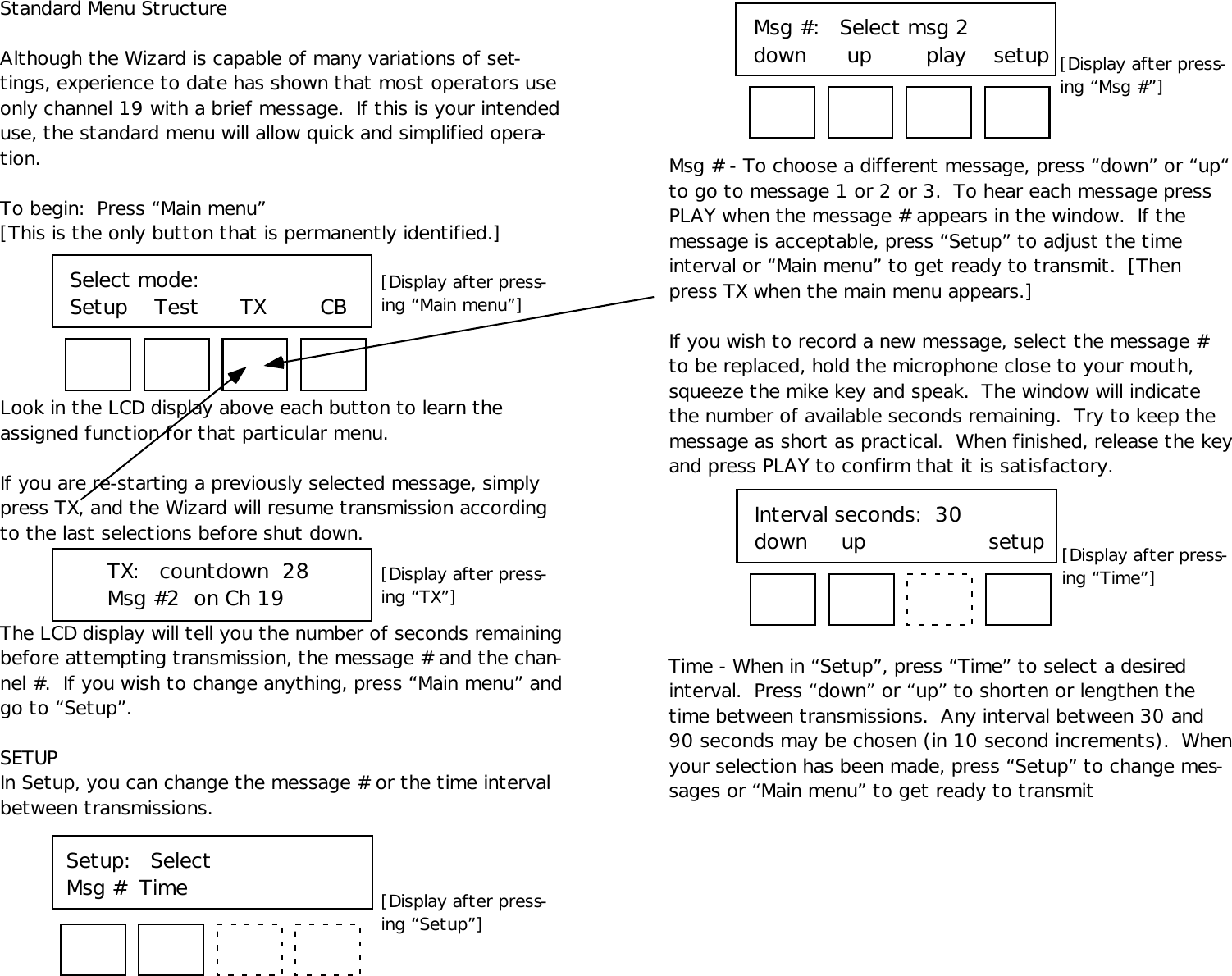 Standard Menu StructureAlthough the Wizard is capable of many variations of set-tings, experience to date has shown that most operators useonly channel 19 with a brief message.  If this is your intendeduse, the standard menu will allow quick and simplified opera-tion.To begin:  Press “Main menu”[This is the only button that is permanently identified.]Look in the LCD display above each button to learn theassigned function for that particular menu.If you are re-starting a previously selected message, simplypress TX, and the Wizard will resume transmission accordingto the last selections before shut down.The LCD display will tell you the number of seconds remainingbefore attempting transmission, the message # and the chan-nel #.  If you wish to change anything, press “Main menu” andgo to “Setup”.SETUPIn Setup, you can change the message # or the time intervalbetween transmissions.Interval seconds:  30down     up                  setupTX:   countdown  28Msg #2  on Ch 19Setup:   SelectMsg #  TimeMsg #:   Select msg 2down      up        play    setupMsg # - To choose a different message, press “down” or “up“to go to message 1 or 2 or 3.  To hear each message pressPLAY when the message # appears in the window.  If themessage is acceptable, press “Setup” to adjust the timeinterval or “Main menu” to get ready to transmit.  [Thenpress TX when the main menu appears.]If you wish to record a new message, select the message #to be replaced, hold the microphone close to your mouth,squeeze the mike key and speak.  The window will indicatethe number of available seconds remaining.  Try to keep themessage as short as practical.  When finished, release the keyand press PLAY to confirm that it is satisfactory.Time - When in “Setup”, press “Time” to select a desiredinterval.  Press “down” or “up” to shorten or lengthen thetime between transmissions.  Any interval between 30 and90 seconds may be chosen (in 10 second increments).  Whenyour selection has been made, press “Setup” to change mes-sages or “Main menu” to get ready to transmitSelect mode:Setup    Test      TX        CB [Display after press-ing “Main menu”][Display after press-ing “TX”][Display after press-ing “Setup”][Display after press-ing “Msg #”][Display after press-ing “Time”]