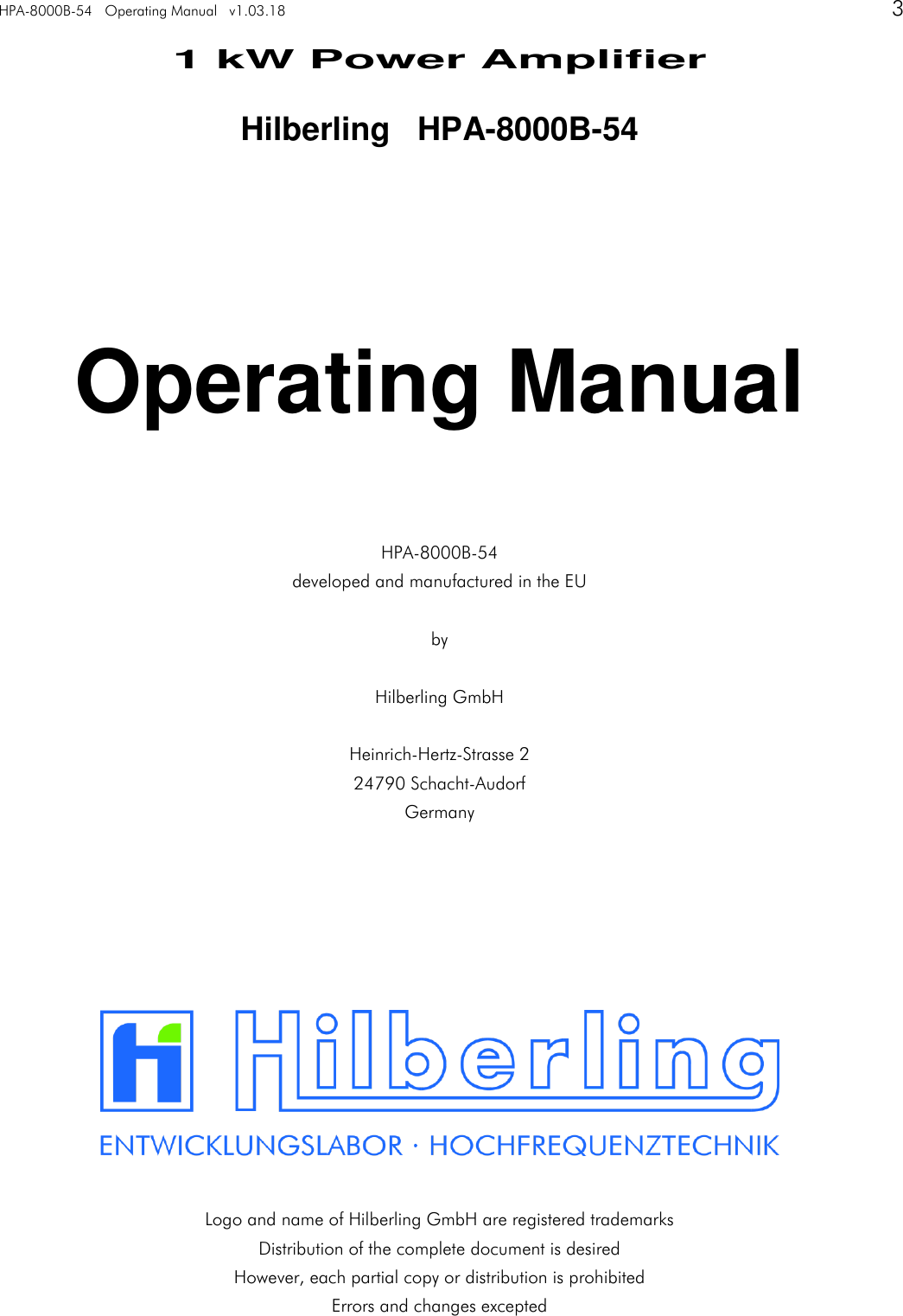 Hilberling RF Laboratories HPA8000B54 Amateur Radio Power Amplifier 1