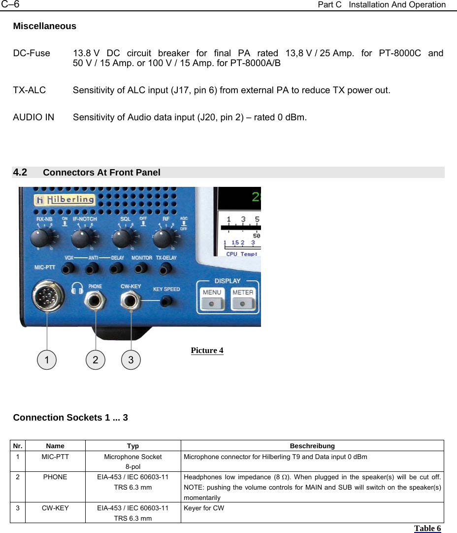 C&ndash;6  Part C   Installation And Operation Miscellaneous  DC-Fuse  13.8 V DC circuit breaker for final PA rated 13,8 V / 25 Amp. for PT-8000C and 50 V / 15 Amp. or 100 V / 15 Amp. for PT-8000A/B  TX-ALC  Sensitivity of ALC input (J17, pin 6) from external PA to reduce TX power out.  AUDIO IN  Sensitivity of Audio data input (J20, pin 2) &ndash; rated 0 dBm.    4.2  Connectors At Front Panel                  Connection Sockets 1 ... 3  Nr. Name  Typ  Beschreibung 1 MIC-PTT  Microphone Socket 8-pol Microphone connector for Hilberling T9 and Data input 0 dBm 2 PHONE  EIA-453 / IEC 60603-11 TRS 6.3 mm Headphones low impedance (8 Ω). When plugged in the speaker(s) will be cut off. NOTE: pushing the volume controls for MAIN and SUB will switch on the speaker(s) momentarily 3 CW-KEY  EIA-453 / IEC 60603-11 TRS 6.3 mm Keyer for CW Table 6          1  2  3 Picture 4 
