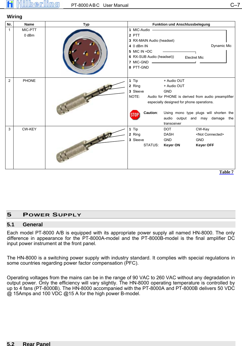  PT-8000 A&middot;B&middot;C   User Manual C&ndash;7   Wiring Nr. Name  Typ  Funktion und Anschlussbelegung 1 MIC-PTT 0 dBm  1  MIC-Audio 2  PTT 3  RX-MAIN Audio (headset) 4  0 dBm IN 5  MIC IN +DC 6  RX-SUB Audio (headset)) 7  MIC-GND 8  PTT-GND 2 PHONE   1  Tip  + Audio OUT 2  Ring  + Audio OUT 3  Sleeve  GND NOTE:  Audio for PHONE is derived from audio preamplifier especially designed for phone operations.  Caution:  Using mono type plugs will shorten the audio output and may damage the transceiver 3 CW-KEY   1  Tip  DOT  CW-Key 2  Ring  DASH  <Not Connected> 3  Sleeve  GND  GND  STATUS: Keyer ON  Keyer OFF     Table 7      5 POWER SUPPLY 5.1 General Each model PT-8000 A/B is equipped with its appropriate power supply all named HN-8000. The only difference in appearance for the PT-8000A-model and the PT-8000B-model is the final amplifier DC input power instrument at the front panel.  The HN-8000 is a switching power supply with industry standard. It complies with special regulations in some countries regarding power factor compensation (PFC).  Operating voltages from the mains can be in the range of 90 VAC to 260 VAC without any degradation in output power. Only the efficiency will vary slightly. The HN-8000 operating temperature is controlled by up to 4 fans (PT-8000B). The HN-8000 accompanied with the PT-8000A and PT-8000B delivers 50 VDC @ 15Amps and 100 VDC @15 A for the high power B-model.       5.2 Rear Panel Electret Mic Dynamic Mic 