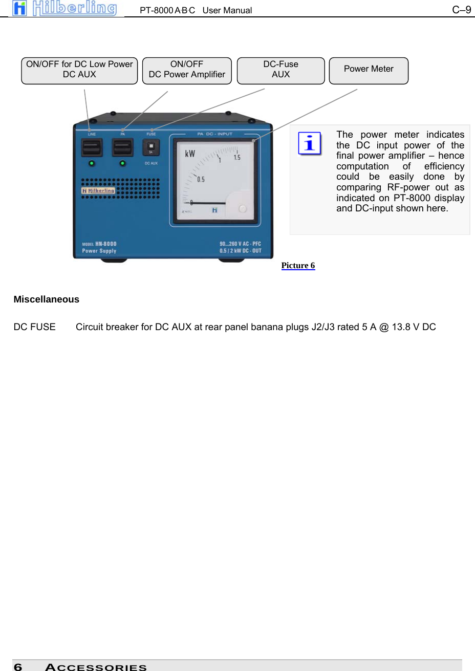  PT-8000 A&middot;B&middot;C   User Manual C&ndash;9                      Miscellaneous  DC FUSE  Circuit breaker for DC AUX at rear panel banana plugs J2/J3 rated 5 A @ 13.8 V DC                        6 ACCESSORIES ON/OFF for DC Low Power  DC AUX ON/OFF DC Power Amplifier DC-Fuse AUX  Power Meter The power meter indicates the DC input power of the final power amplifier &ndash; hence computation of efficiency could be easily done by comparing RF-power out as indicated on PT-8000 display and DC-input shown here. Picture 6 