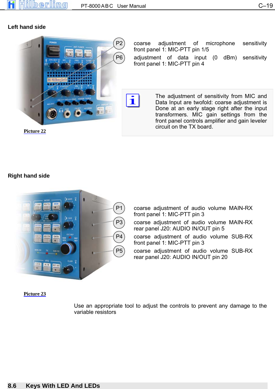  PT-8000 A&middot;B&middot;C   User Manual C&ndash;19          Left hand side  P2  coarse adjustment of microphone sensitivity front panel 1: MIC-PTT pin 1/5 P6  adjustment of data input (0 dBm) sensitivity front panel 1: MIC-PTT pin 4    The adjustment of sensitivity from MIC and Data Input are twofold: coarse adjustment is Done at an early stage right after the input transformers. MIC gain settings from the front panel controls amplifier and gain leveler circuit on the TX board.      Right hand side    P1  coarse adjustment of audio volume MAIN-RX front panel 1: MIC-PTT pin 3 P3  coarse adjustment of audio volume MAIN-RX rear panel J20: AUDIO IN/OUT pin 5 P4  coarse adjustment of audio volume SUB-RX front panel 1: MIC-PTT pin 3 P5  coarse adjustment of audio volume SUB-RX rear panel J20: AUDIO IN/OUT pin 20      Use an appropriate tool to adjust the controls to prevent any damage to the variable resistors         8.6  Keys With LED And LEDs Picture 22 Picture 23 