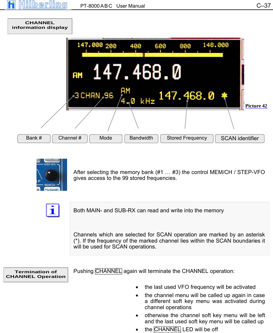  PT-8000 A&middot;B&middot;C   User Manual C&ndash;37                      After selecting the memory bank (#1 &hellip; #3) the control MEM/CH / STEP-VFO gives access to the 99 stored frequencies.    Both MAIN- and SUB-RX can read and write into the memory   Channels which are selected for SCAN operation are marked by an asterisk (*). If the frequency of the marked channel lies within the SCAN boundaries it will be used for SCAN operations.   Pushing CHANNEL again will terminate the CHANNEL operation:  &bull;  the last used VFO frequency will be activated &bull;  the channel menu will be called up again in case a different soft key menu was activated during channel operations &bull;  otherwise the channel soft key menu will be left and the last used soft key menu will be called up &bull;  the CHANNEL LED will be off        CHANNEL information display Termination of CHANNEL Operation Bank #  Channel #  Mode  Bandwidth  Stored Frequency SCAN identifier Picture 42 
