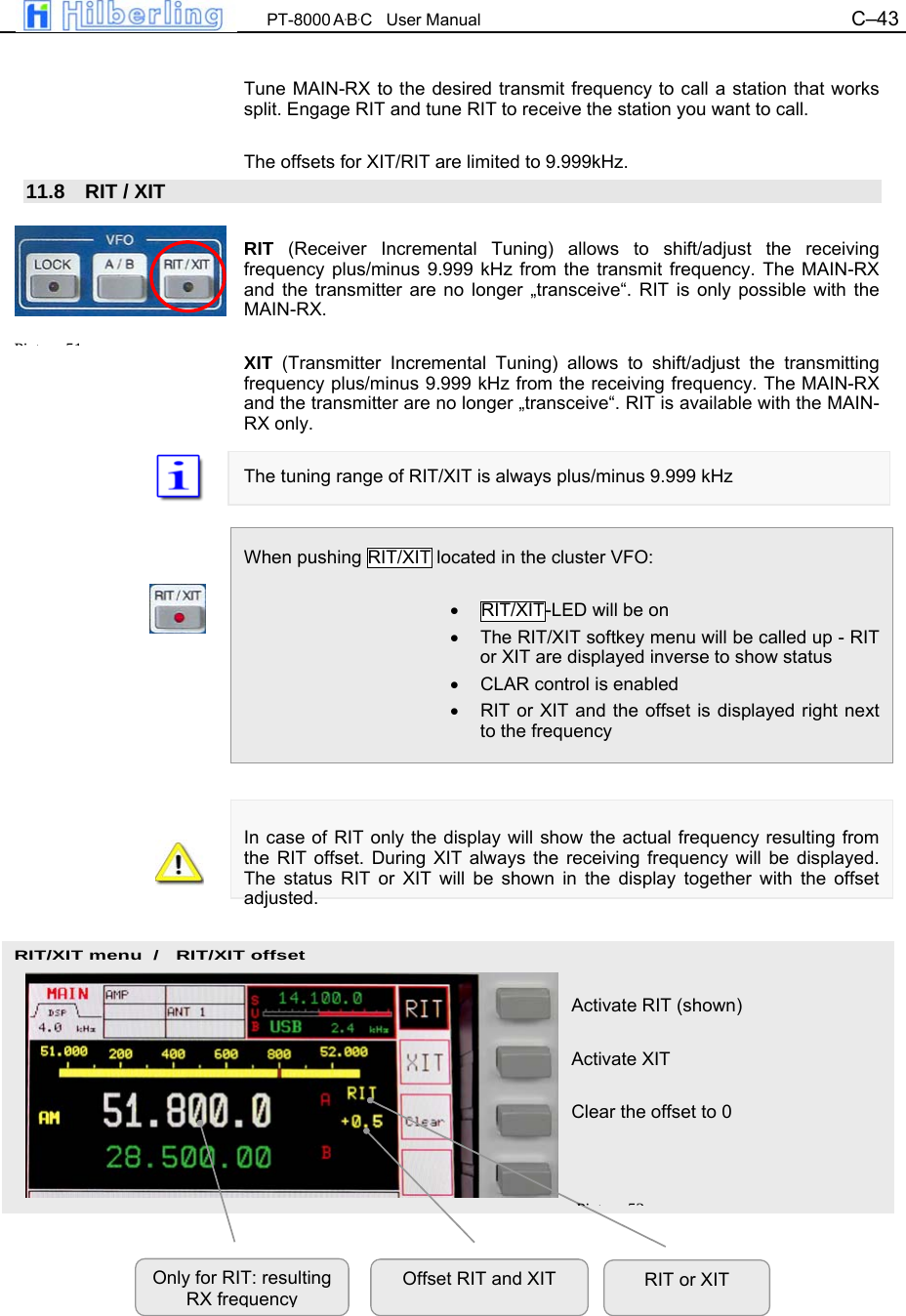  PT-8000 A&middot;B&middot;C   User Manual C&ndash;43   RIT/XIT menu  /   RIT/XIT offset  Tune MAIN-RX to the desired transmit frequency to call a station that works split. Engage RIT and tune RIT to receive the station you want to call.  The offsets for XIT/RIT are limited to 9.999kHz. 11.8  RIT / XIT  RIT (Receiver Incremental Tuning) allows to shift/adjust the receiving frequency plus/minus 9.999 kHz from the transmit frequency. The MAIN-RX and the transmitter are no longer &bdquo;transceive&ldquo;. RIT is only possible with the MAIN-RX.  XIT (Transmitter Incremental Tuning) allows to shift/adjust the transmitting frequency plus/minus 9.999 kHz from the receiving frequency. The MAIN-RX and the transmitter are no longer &bdquo;transceive&ldquo;. RIT is available with the MAIN-RX only.  The tuning range of RIT/XIT is always plus/minus 9.999 kHz   When pushing RIT/XIT located in the cluster VFO:  &bull;  RIT/XIT-LED will be on &bull;  The RIT/XIT softkey menu will be called up - RIT or XIT are displayed inverse to show status &bull;  CLAR control is enabled &bull;  RIT or XIT and the offset is displayed right next to the frequency    In case of RIT only the display will show the actual frequency resulting from the RIT offset. During XIT always the receiving frequency will be displayed. The status RIT or XIT will be shown in the display together with the offset adjusted.    Activate RIT (shown)  Activate XIT  Clear the offset to 0       Only for RIT: resulting RX frequency Offset RIT and XIT  RIT or XITPi t 51Pi t 52