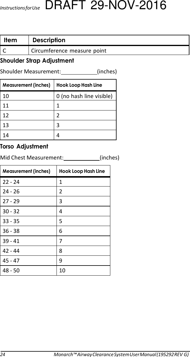 Instructions for Use DRAFT 29-NOV-2016  Item Description C  Circumference measure point Shoulder Strap Adjustment Shoulder Measurement:  (inches)  Measurement (inches) Hook Loop Hash Line 10  0 (no hash line visible) 11  1 12  2 13  3 14  4 Torso  Adjustment Mid Chest Measurement:  (inches)  Measurement (inches) Hook Loop Hash Line 22 - 24  1 24 - 26  2 27 - 29  3 30 - 32  4 33 - 35  5 36 - 38  6 39 - 41  7 42 - 44  8 45 - 47  9 48 - 50  10            24 Monarch™ Airway Clearance System User Manual (195292 REV G) 